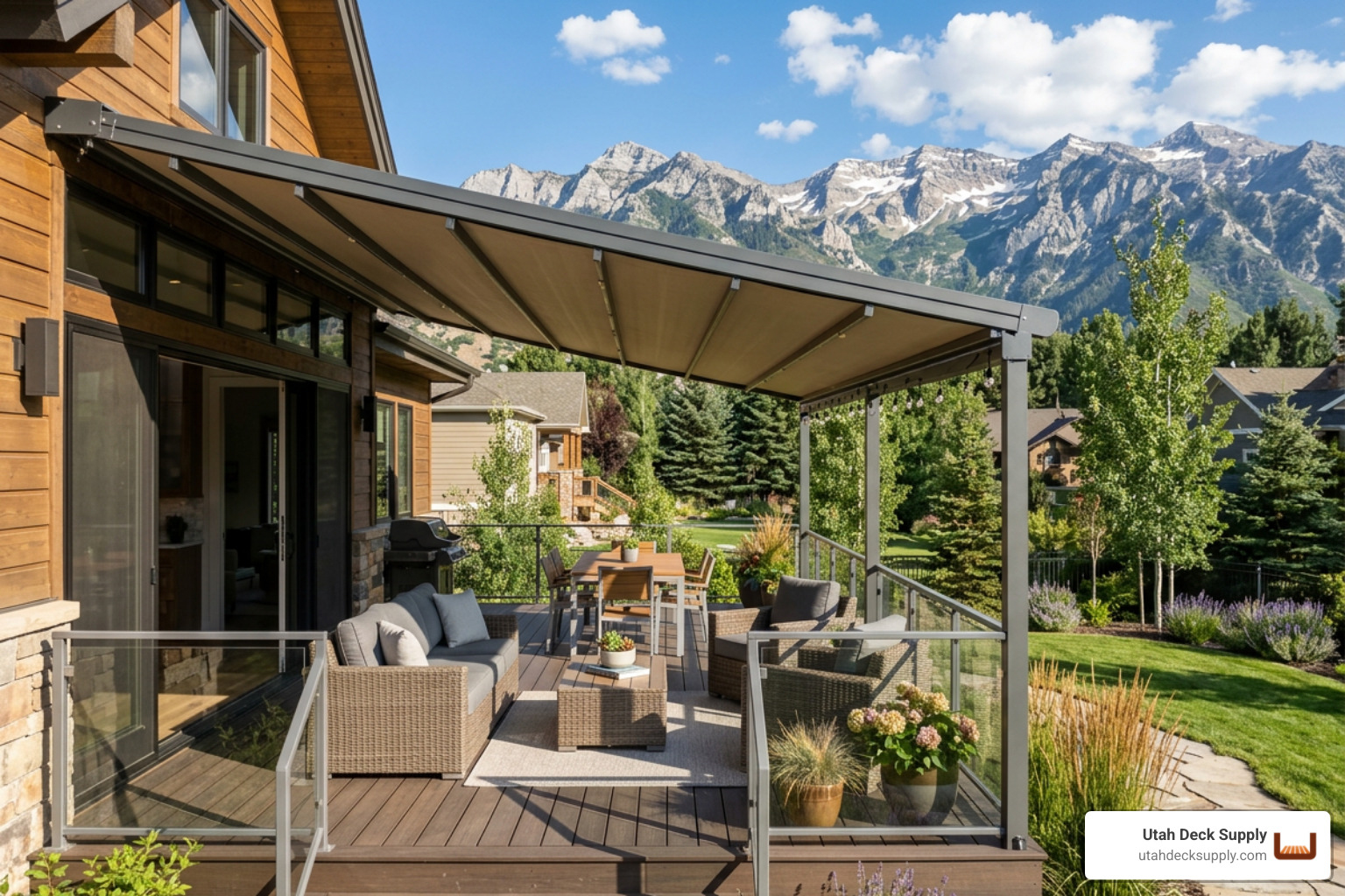 deck canopy on a modern Utah backyard deck in afternoon sunlight - deck canopy