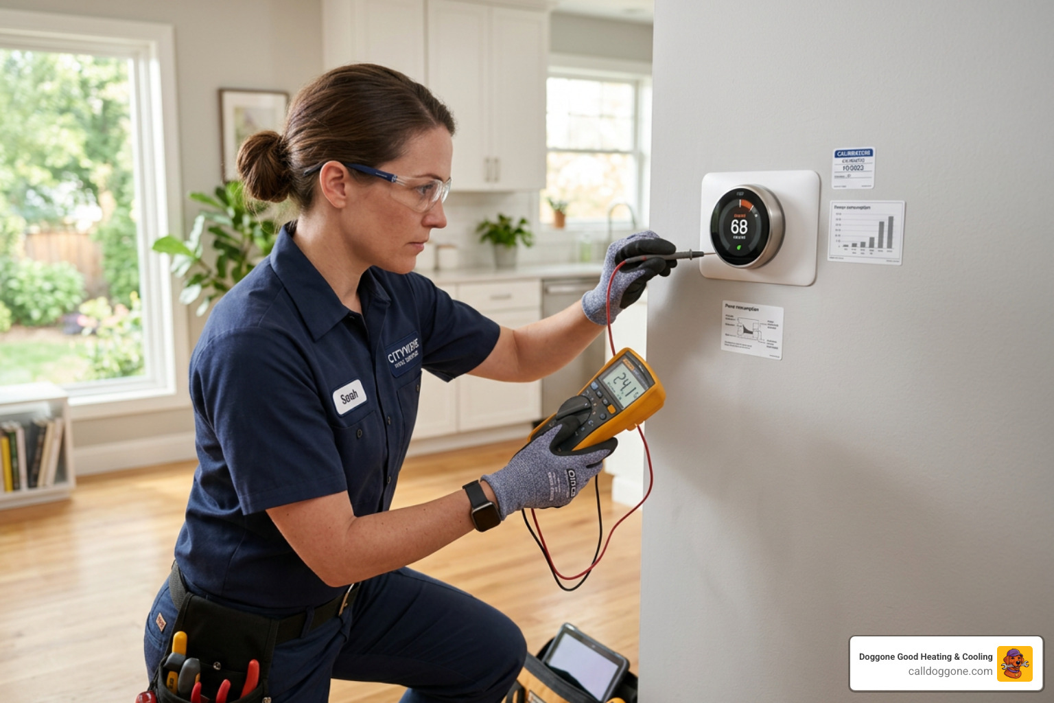 Technician testing and calibrating a smart thermostat for maximum energy efficiency - ac maintenance in prairieville la Technician testing and calibrating a smart thermostat for maximum energy efficiency - ac maintenance in prairieville la
