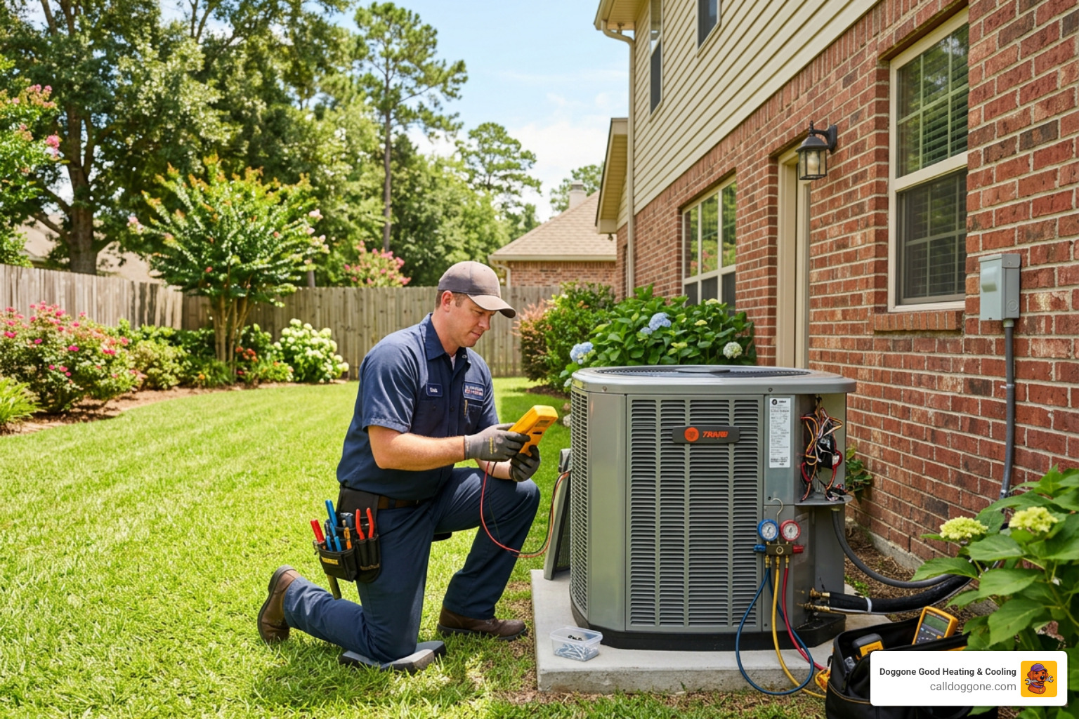 Professional HVAC technician inspecting a condenser unit in a Prairieville backyard - ac maintenance in prairieville la Professional HVAC technician inspecting a condenser unit in a Prairieville backyard - ac maintenance in prairieville la