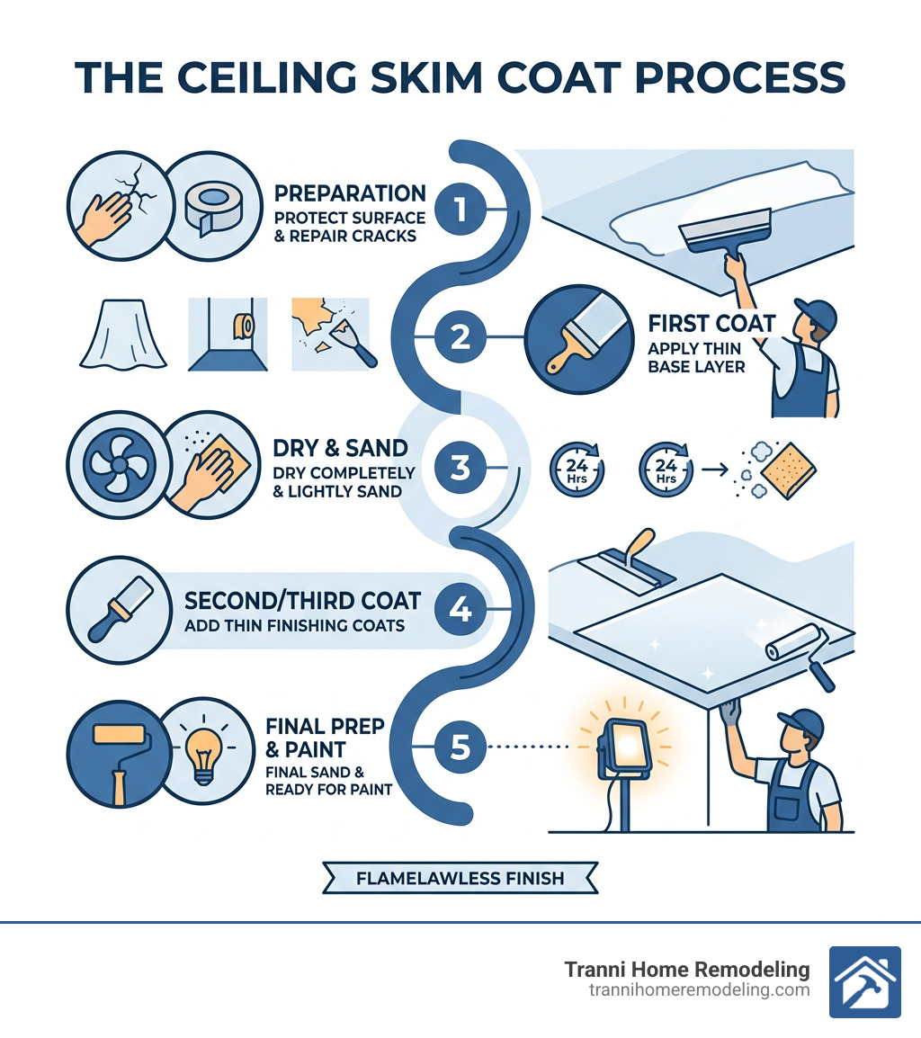 Infographic showing the ceiling skim coat process from prep to paint-ready finish - Ceiling skim coat infographic 