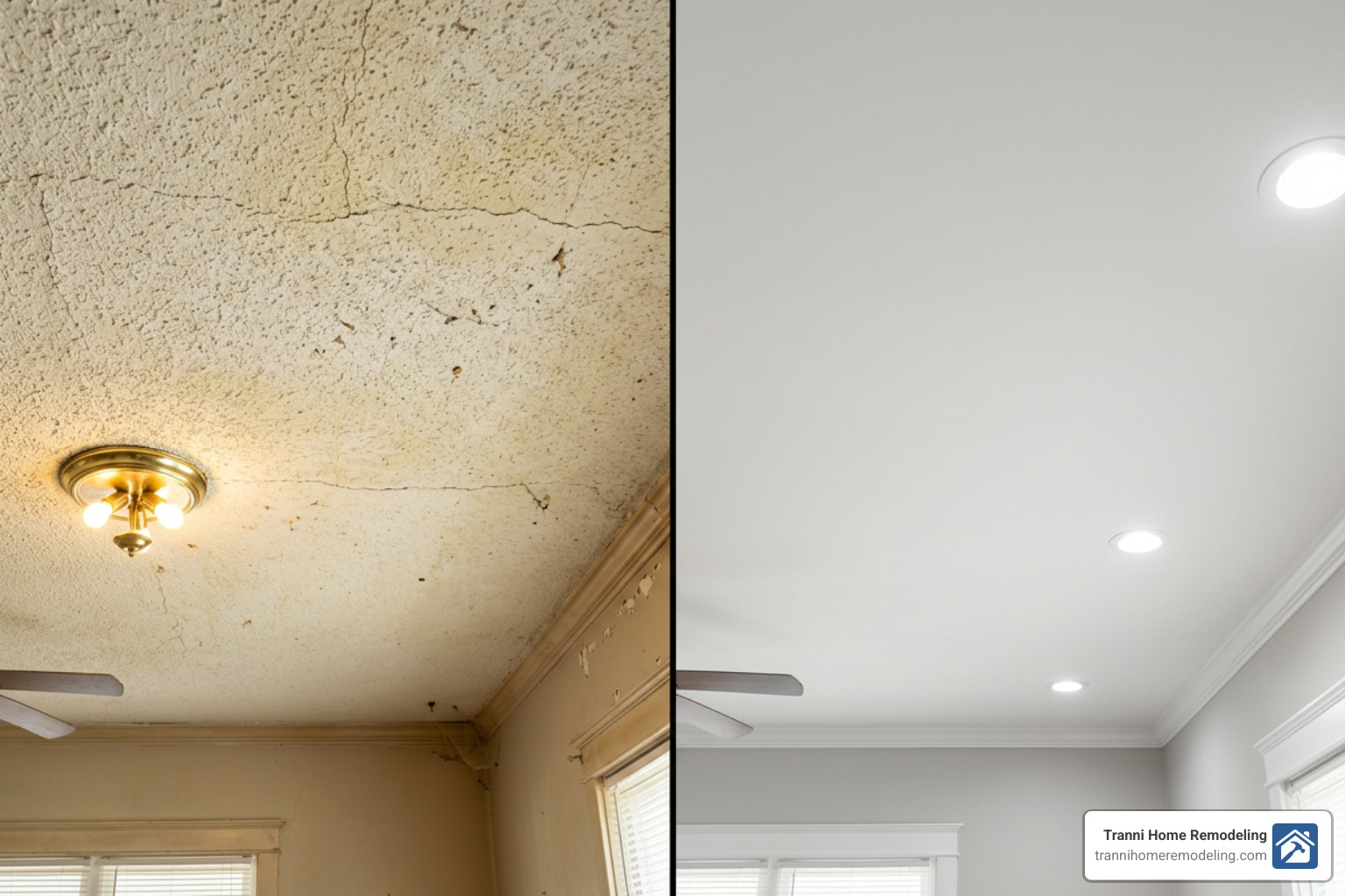 Side-by-side comparison of a dated textured ceiling and a modern smooth skim coated ceiling - Ceiling skim coat