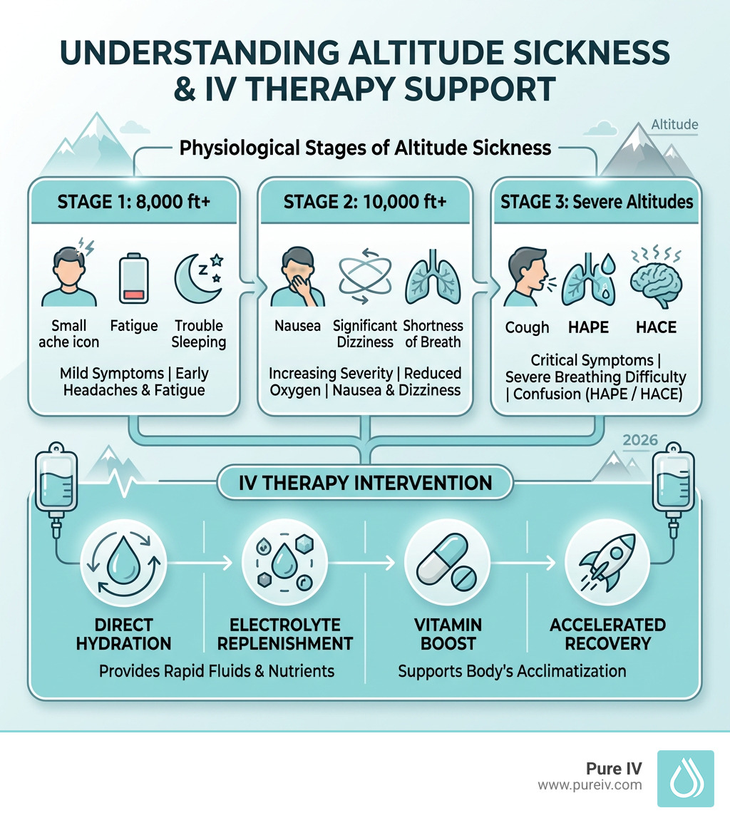Infographic showing the physiological stages of altitude sickness: Stage 1 at 8,000 ft with early symptoms of headache and fatigue, Stage 2 at 10,000 ft with worsening nausea and dizziness as oxygen drops to 69% of sea level levels, Stage 3 showing severe conditions HAPE and HACE with fluid in lungs and brain, alongside how IV therapy intervenes at each stage with direct hydration, nutrients, and symptom relief to support acclimatization - altitude sickness iv therapy infographic 