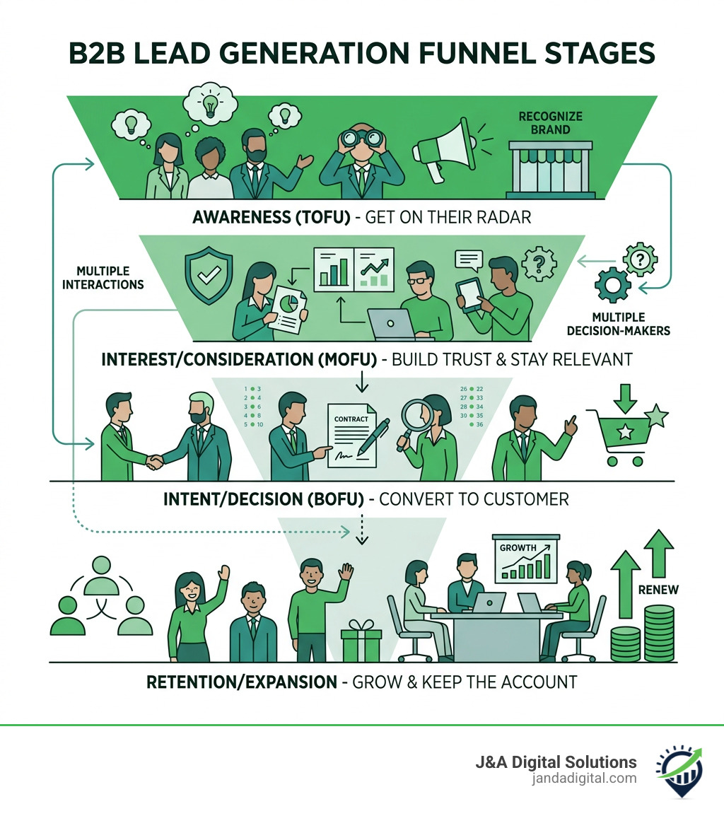 B2B lead generation funnel stages from awareness to retention infographic - lead generation funnel b2b infographic B2B lead generation funnel stages from awareness to retention infographic - lead generation funnel b2b infographic