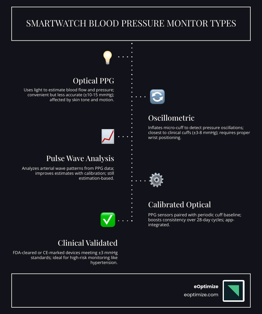 Infographic showing top smartwatch blood pressure monitor types, accuracy levels, and key use cases - smartwatch blood