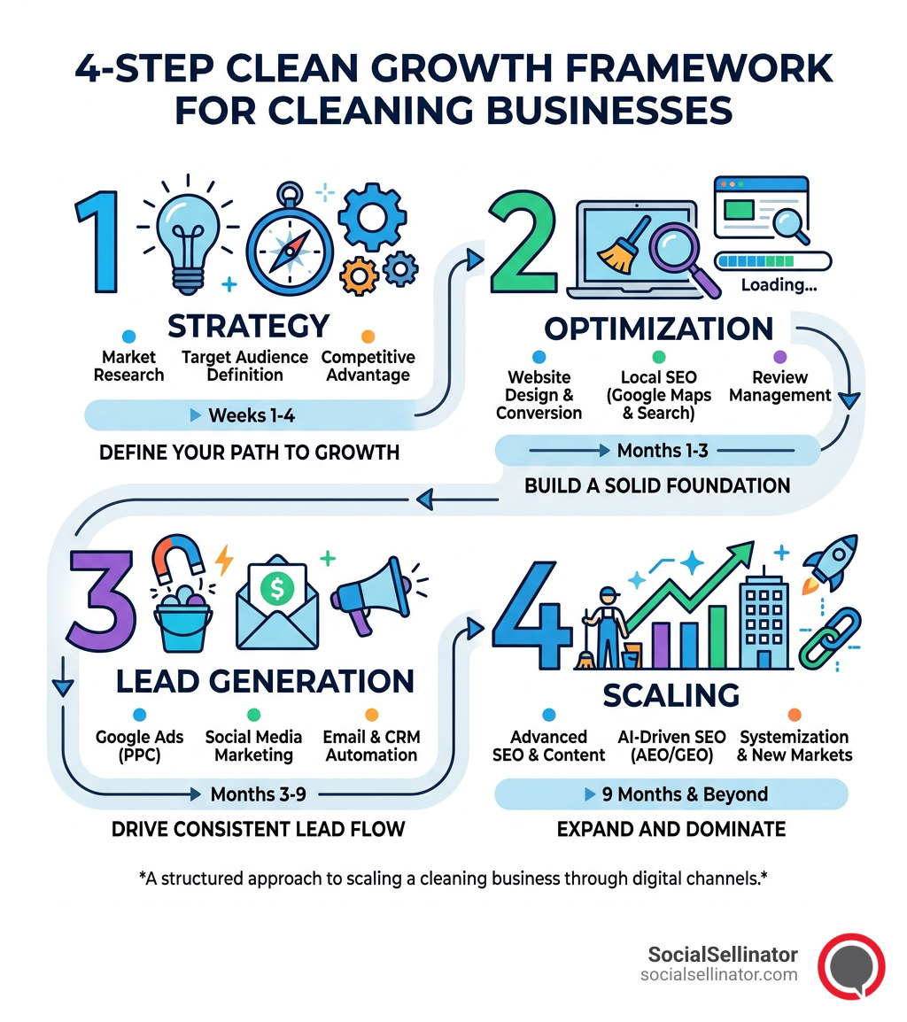 Infographic: 4-step clean growth framework for cleaning businesses showing Strategy, Optimization, Lead Generation, and Scaling
