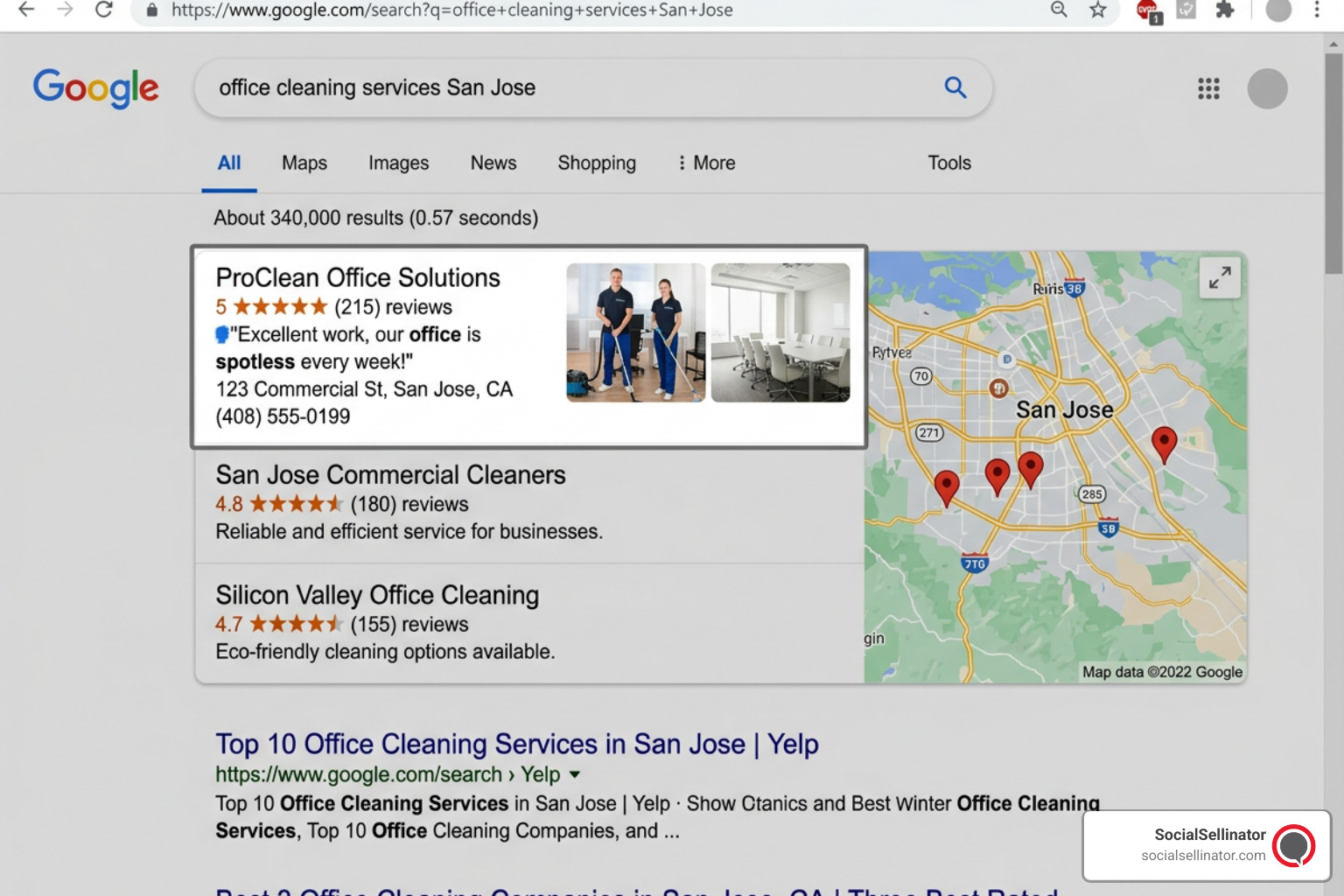 A screenshot of a Google search result showing a cleaning company in the top 3 Map Pack positions with a 5-star rating