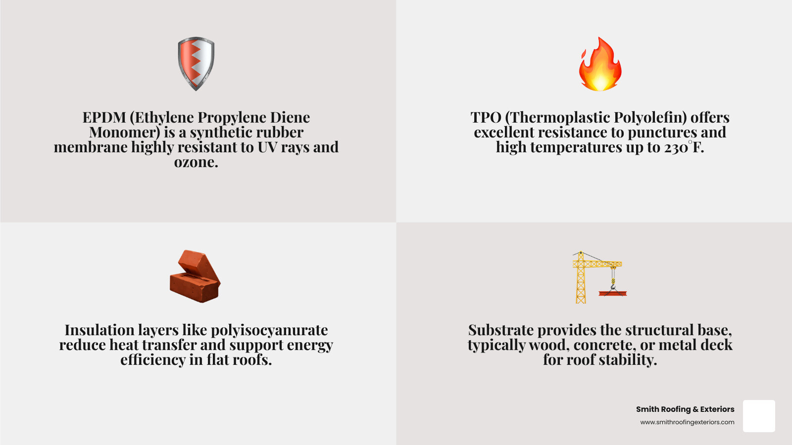 Flat roof membrane layers infographic showing EPDM, TPO, insulation, and substrate - flat roof repair infographic Flat roof membrane layers infographic showing EPDM, TPO, insulation, and substrate - flat roof repair infographic