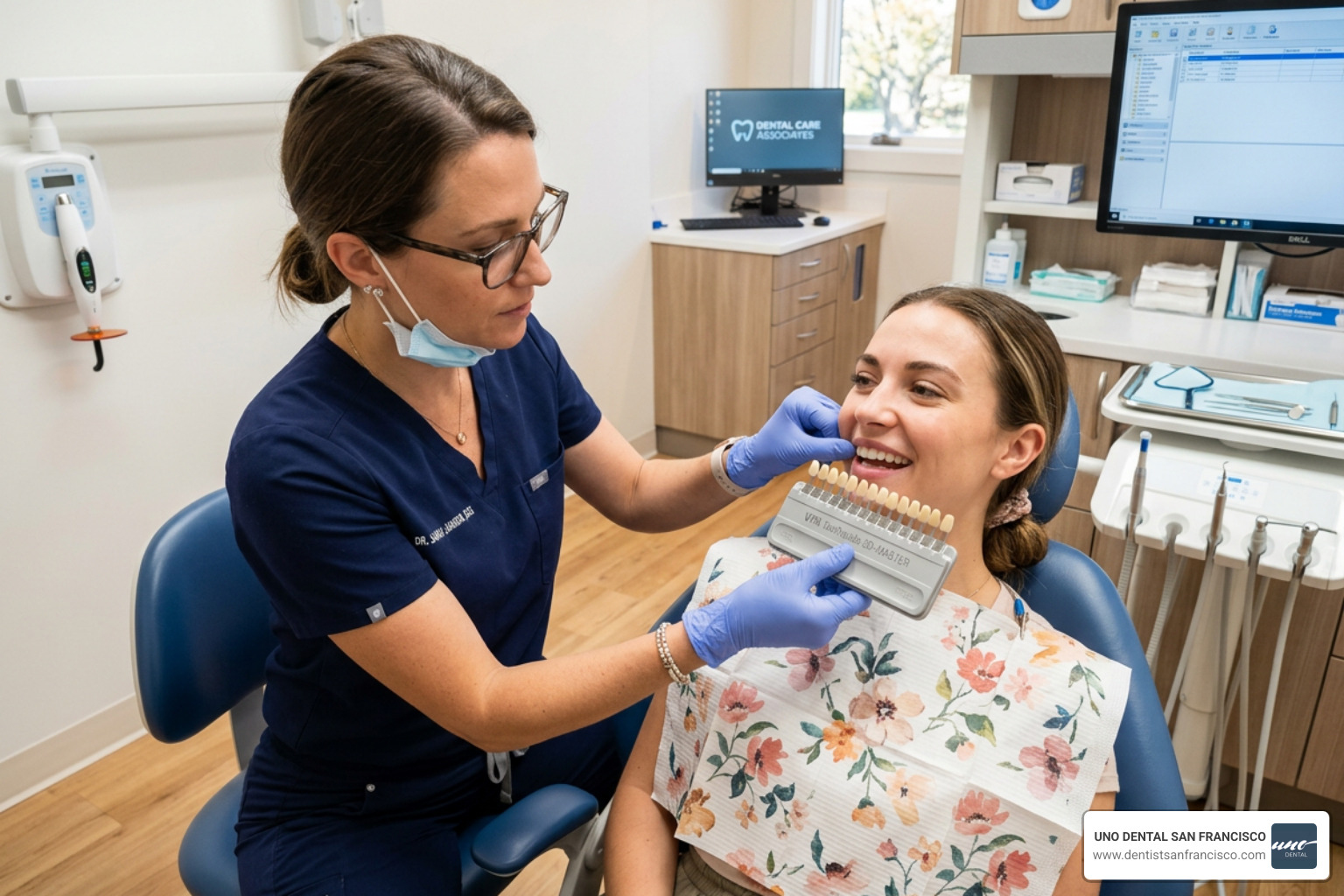 dentist using a shade guide to assess tooth color - walk in teeth whitening dentist using a shade guide to assess tooth color - walk in teeth whitening