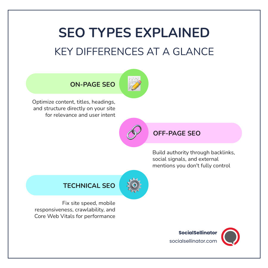 On-page vs off-page vs technical SEO infographic showing key differences and examples - on page seo recommendations