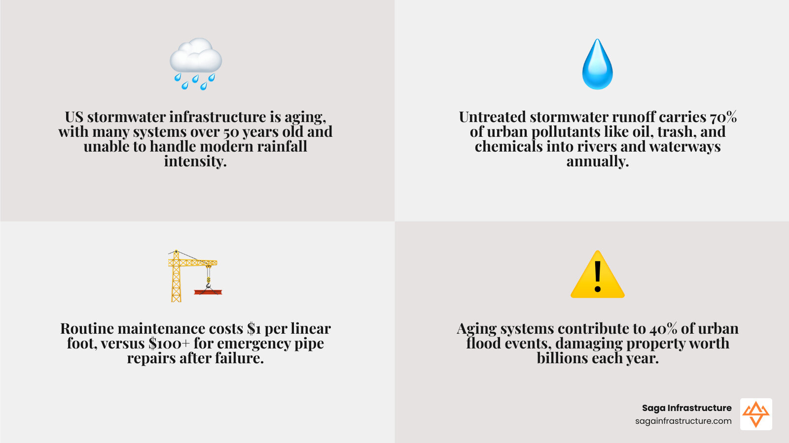 Infographic showing who hires stormwater contractors, core services, and compliance requirements - stormwater management
