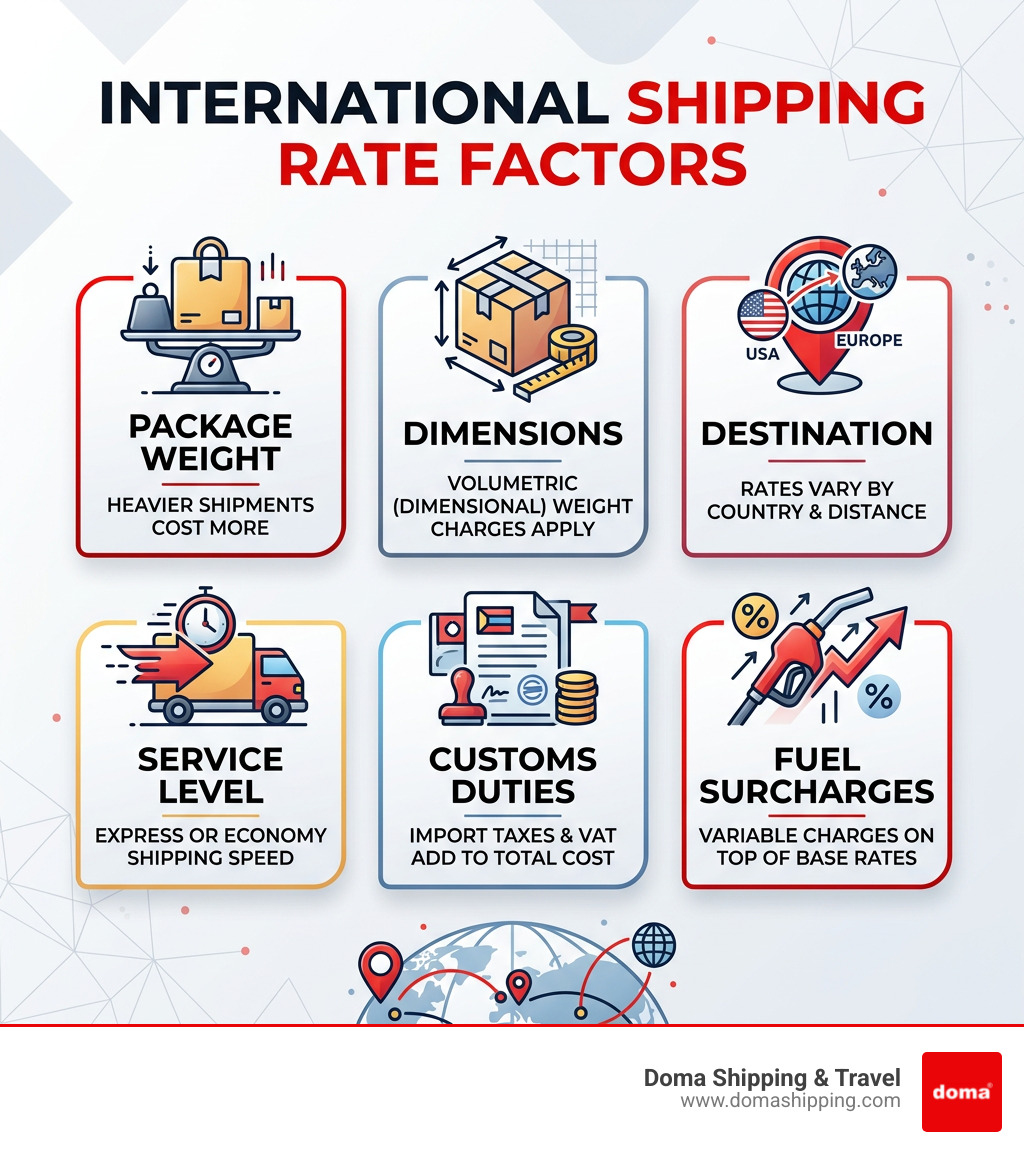 Infographic showing international shipping rate factors: weight, dimensions, destination, service level, customs duties, and