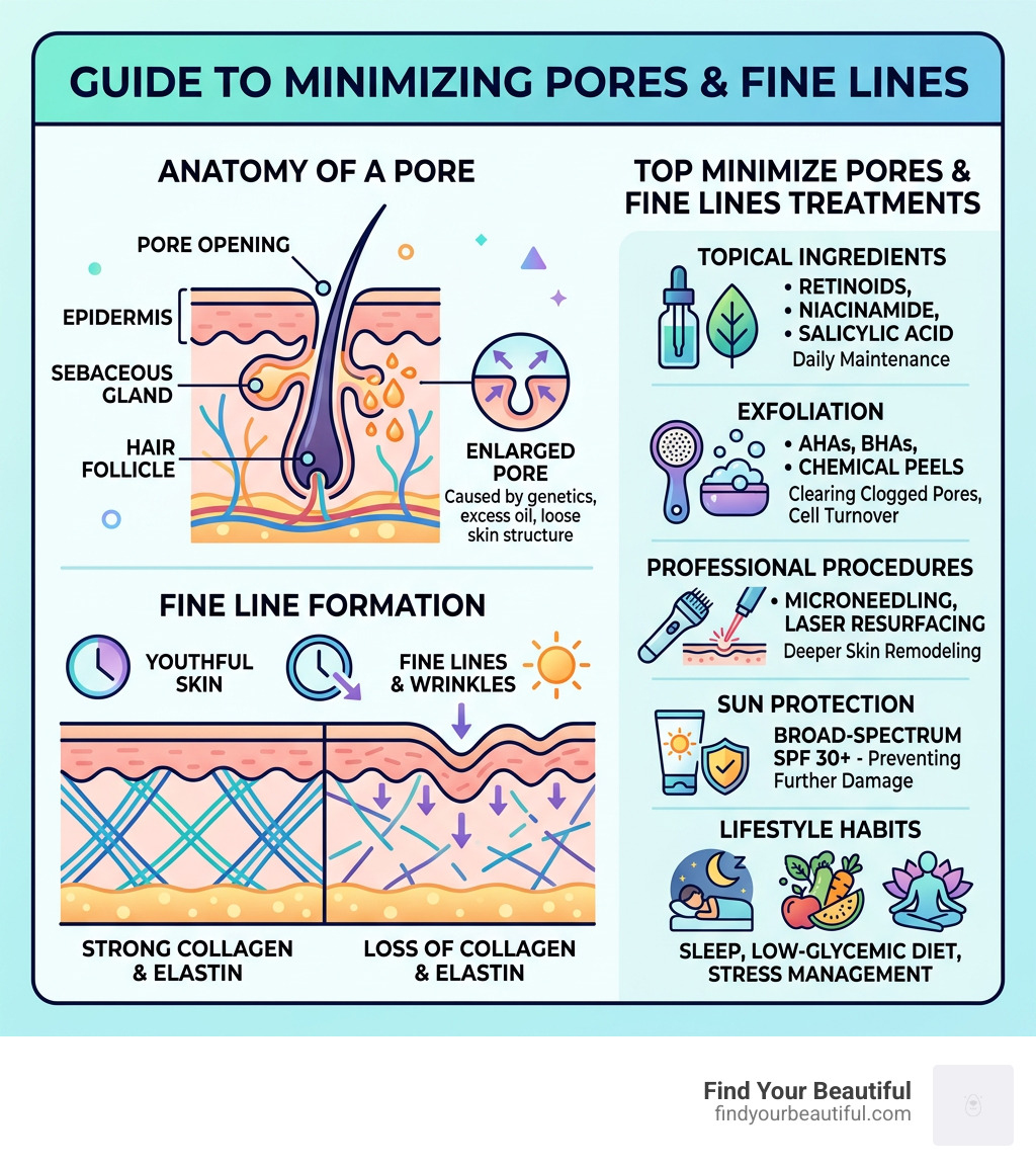 Infographic showing anatomy of a pore, fine line formation, and top minimize pores and fine lines treatments - minimize