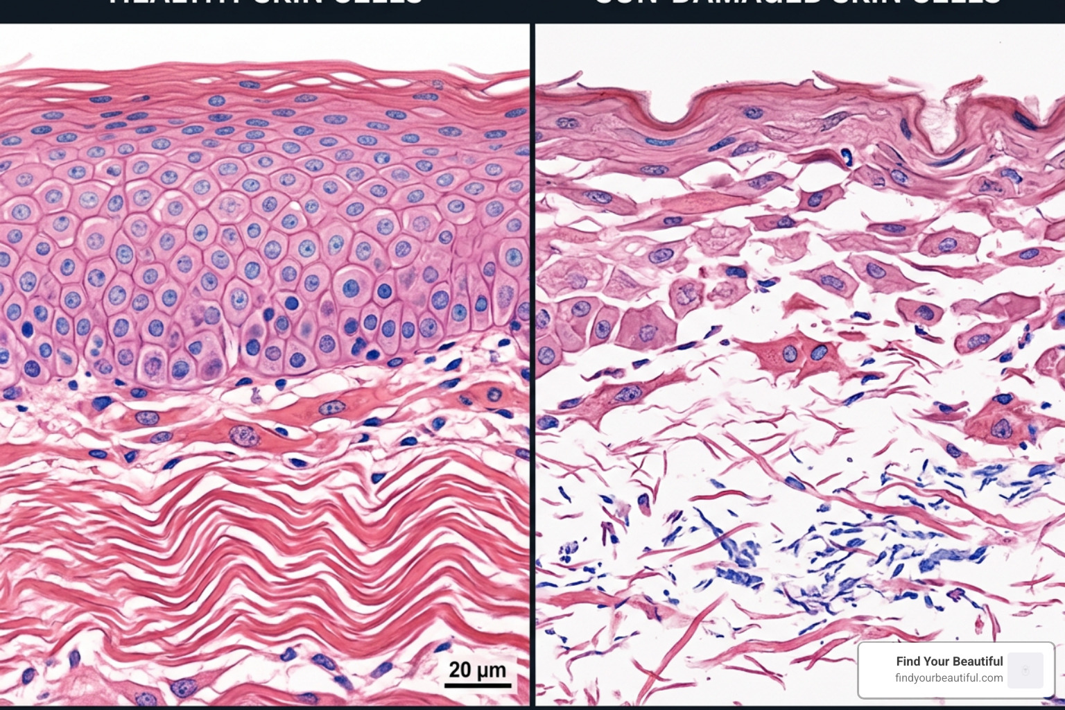 Comparison of healthy, plump skin cells versus sun-damaged, depleted skin cells - minimize pores and fine lines treatment