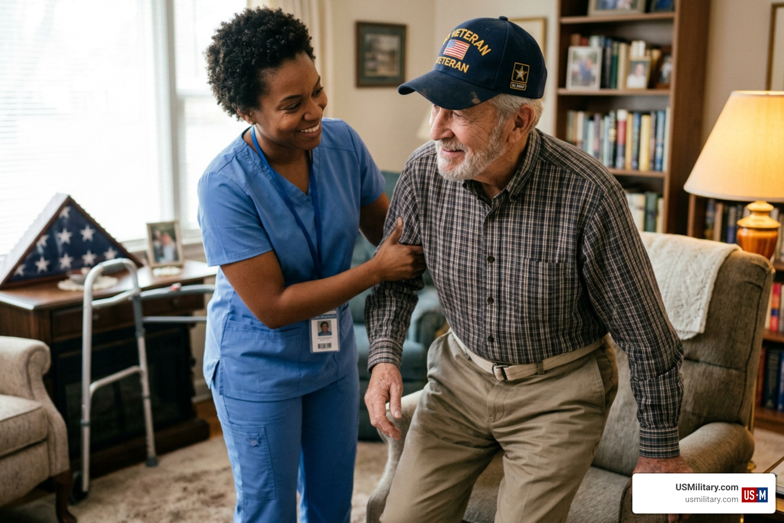 A home health aide assisting an American veteran with daily tasks - Will The VA Pay For My In Home Nursing Care