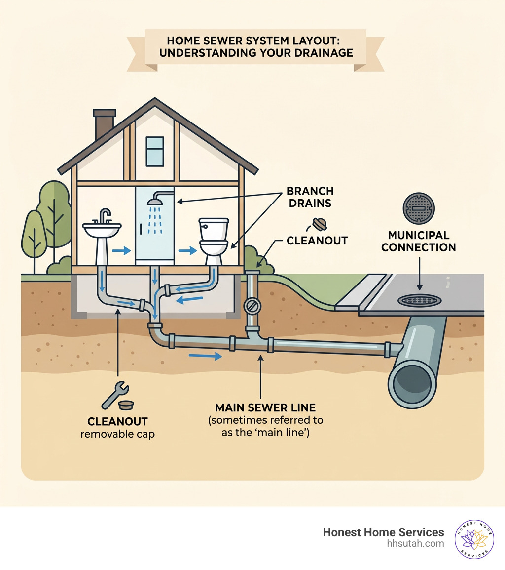 Home sewer system layout showing main line, branch drains, cleanout, and municipal connection - main line backing up Home sewer system layout showing main line, branch drains, cleanout, and municipal connection - main line backing up