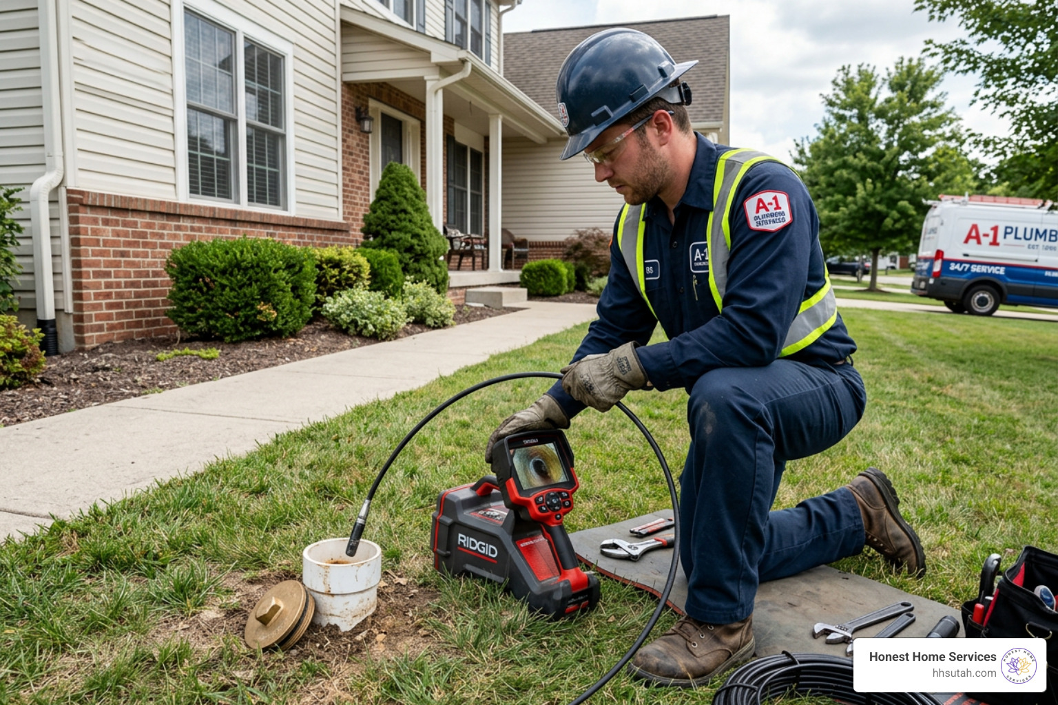 plumber in protective gear inspecting a sewer line - main line backing up plumber in protective gear inspecting a sewer line - main line backing up