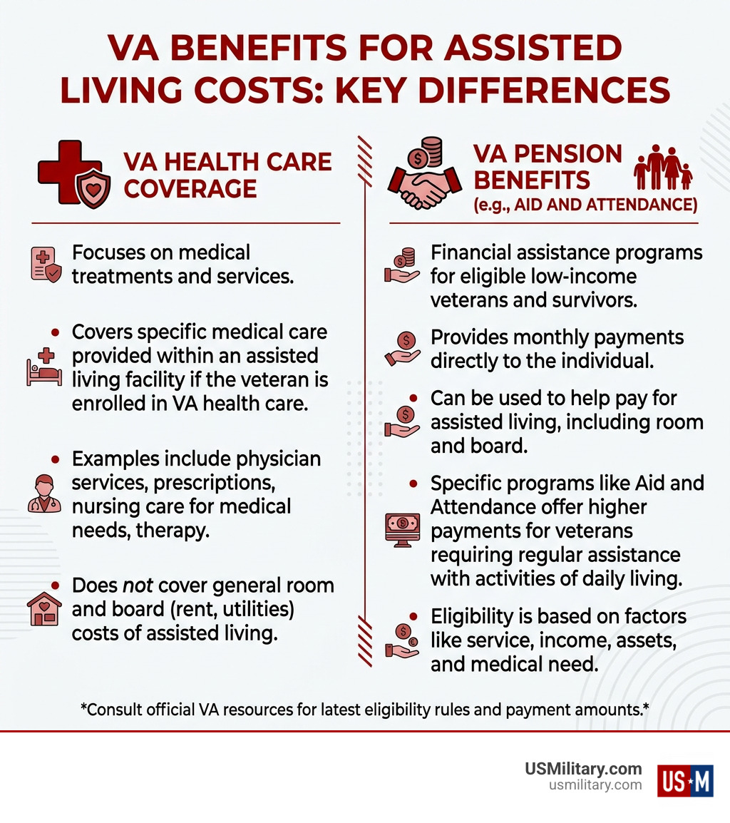 Infographic showing the difference between VA health care coverage and VA pension benefits for assisted living costs - will Infographic showing the difference between VA health care coverage and VA pension benefits for assisted living costs - will
