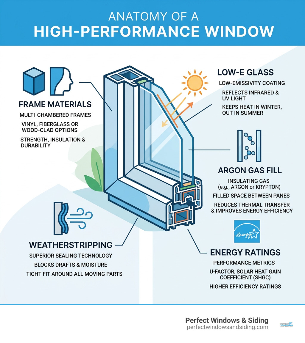 Infographic: anatomy of a high-performance window — frame materials, Low-E glass, argon gas fill, weatherstripping, and