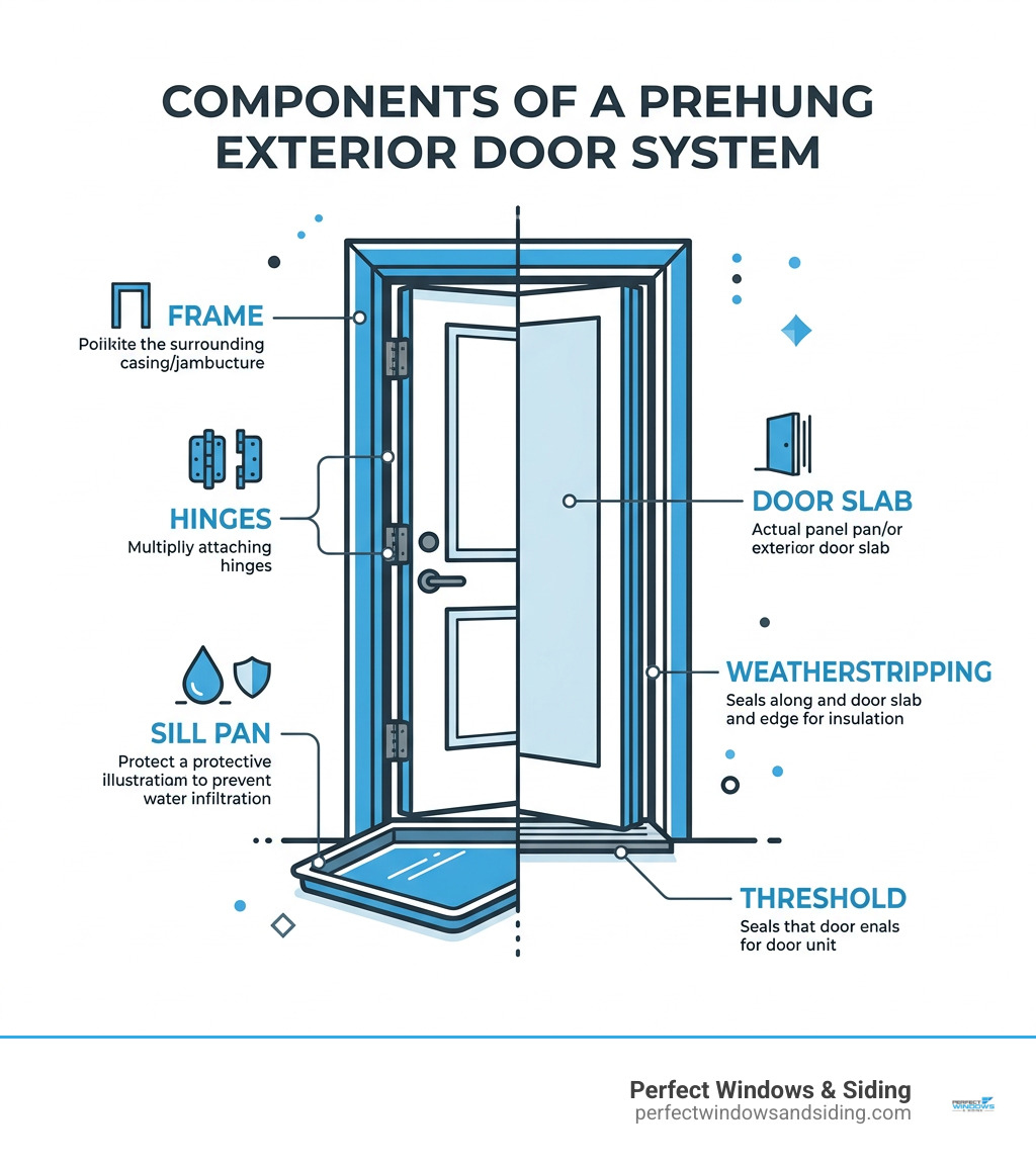 Infographic showing components of a prehung exterior door system including frame, hinges, sill pan, weatherstripping, and Infographic showing components of a prehung exterior door system including frame, hinges, sill pan, weatherstripping, and