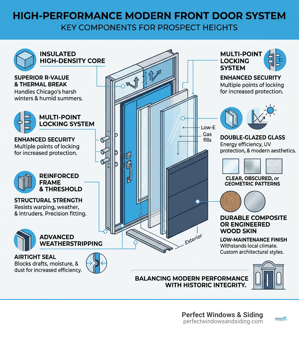 Infographic showing key components of a high-performance modern front door system for Prospect Heights - modern front doors
