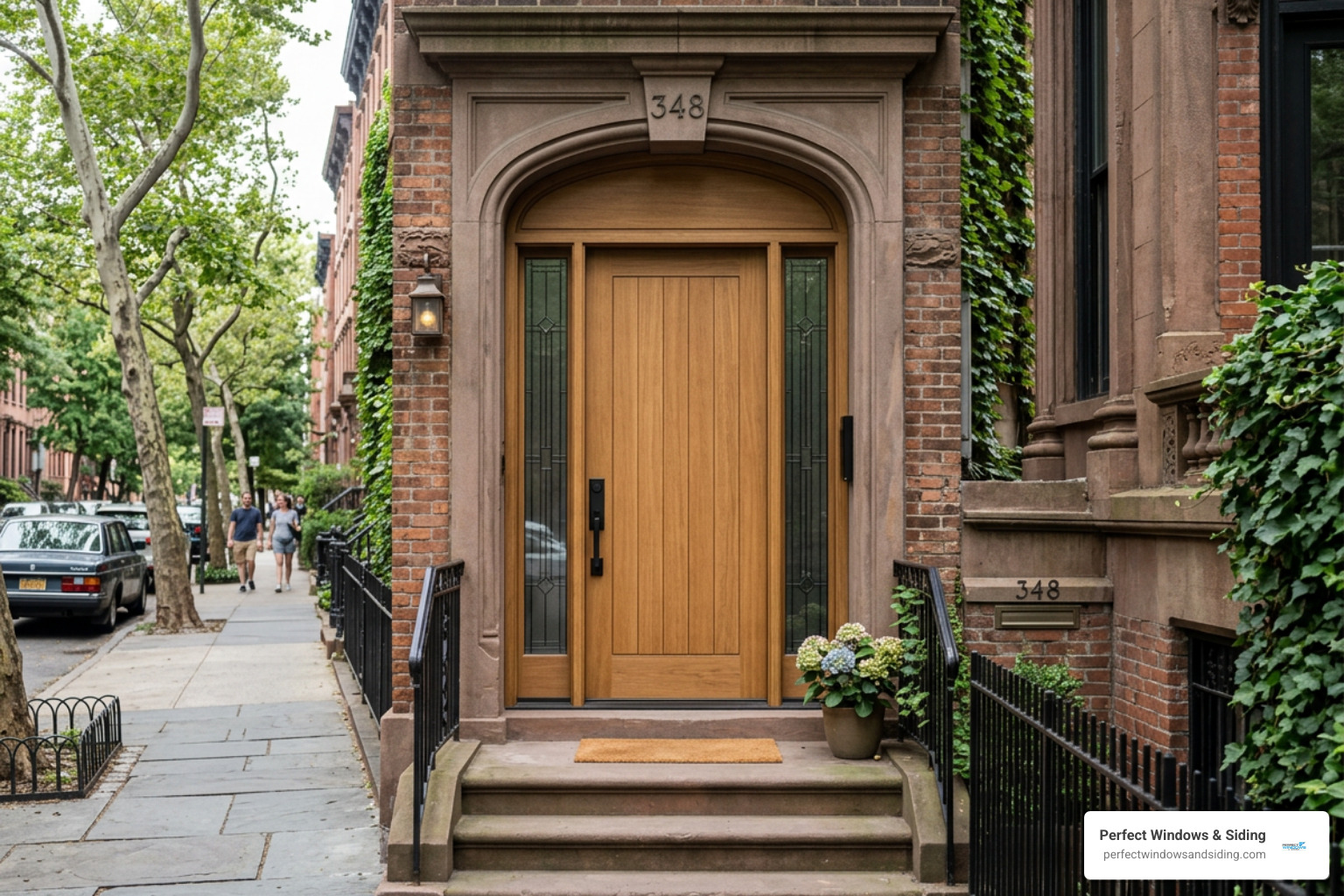 Custom wood door with modern minimalist hardware in a historic setting - modern front doors Prospect Heights