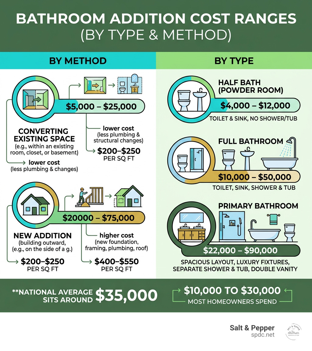 Infographic showing bathroom addition cost ranges by type and method: conversion vs. new addition - average cost add Infographic showing bathroom addition cost ranges by type and method: conversion vs. new addition - average cost add