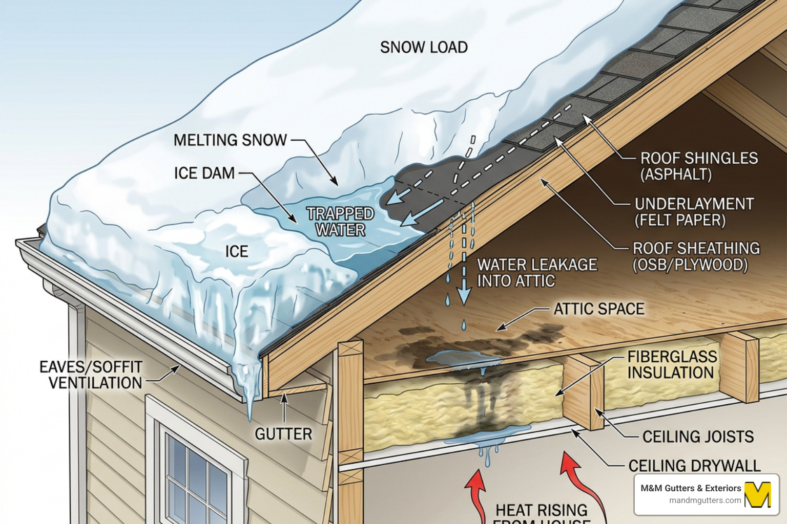 Cross-section of a roof showing an ice dam trapping water behind it and leaking into the attic - Gutter ice prevention