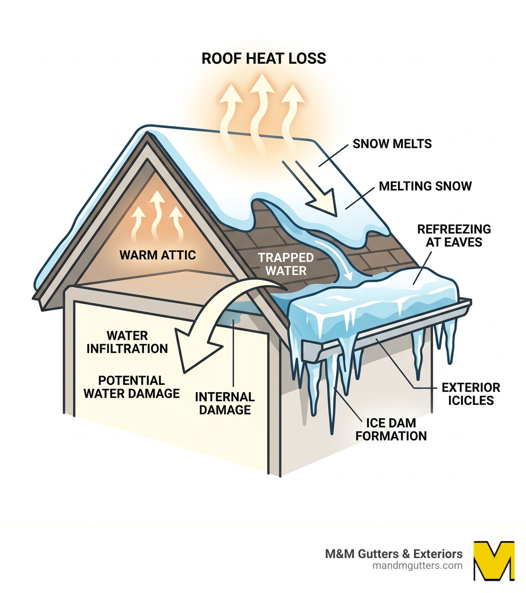 Freeze-thaw cycle and ice dam formation infographic showing roof heat loss, snow melt, and refreezing at eaves - Gutter ice