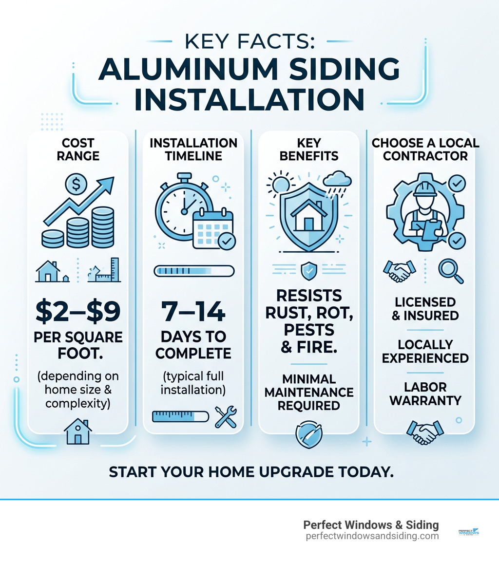 Infographic showing key facts about aluminum siding installation: cost range, timeline, benefits, and how to choose a local