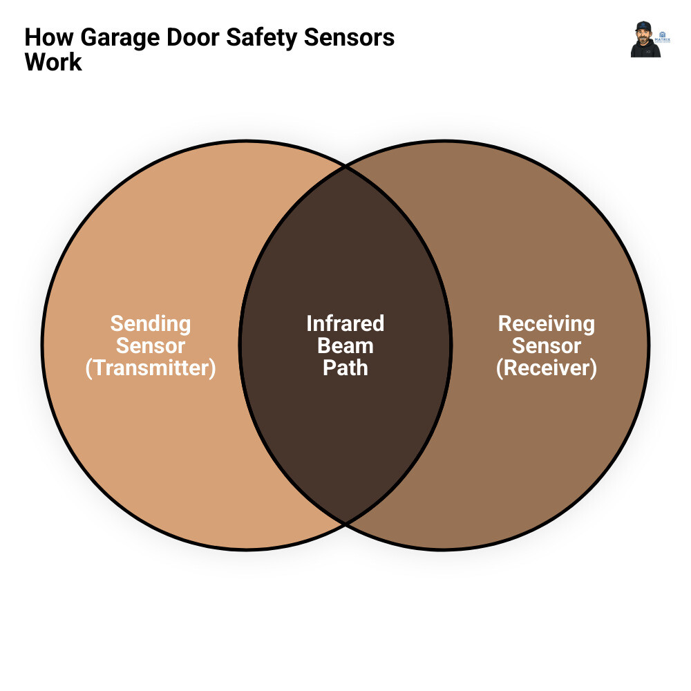 Infographic showing infrared beam path between garage door sensors and auto-reverse mechanism - garage door safety sensors