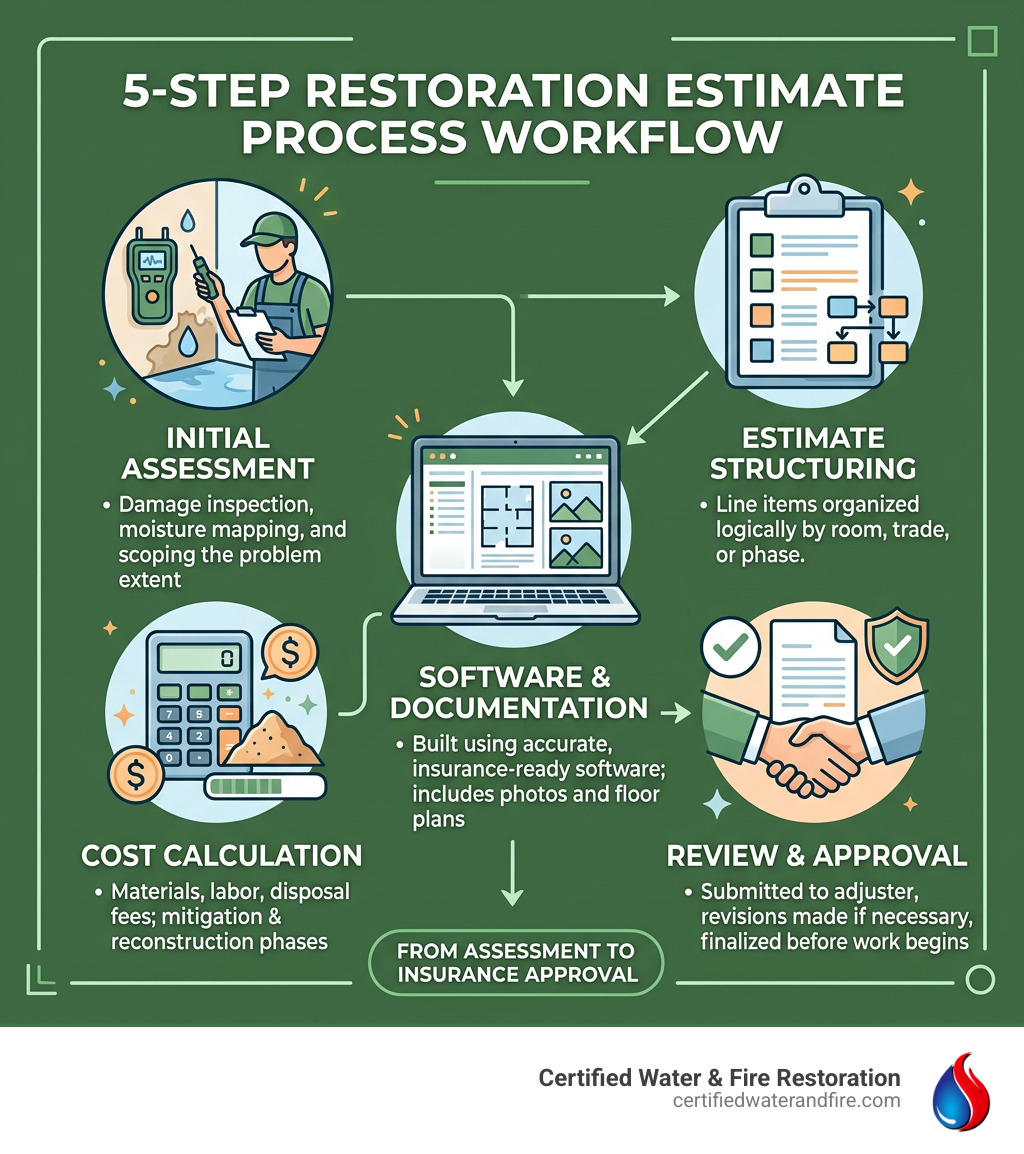5-step restoration estimate process workflow from assessment to insurance approval - restoration estimate process