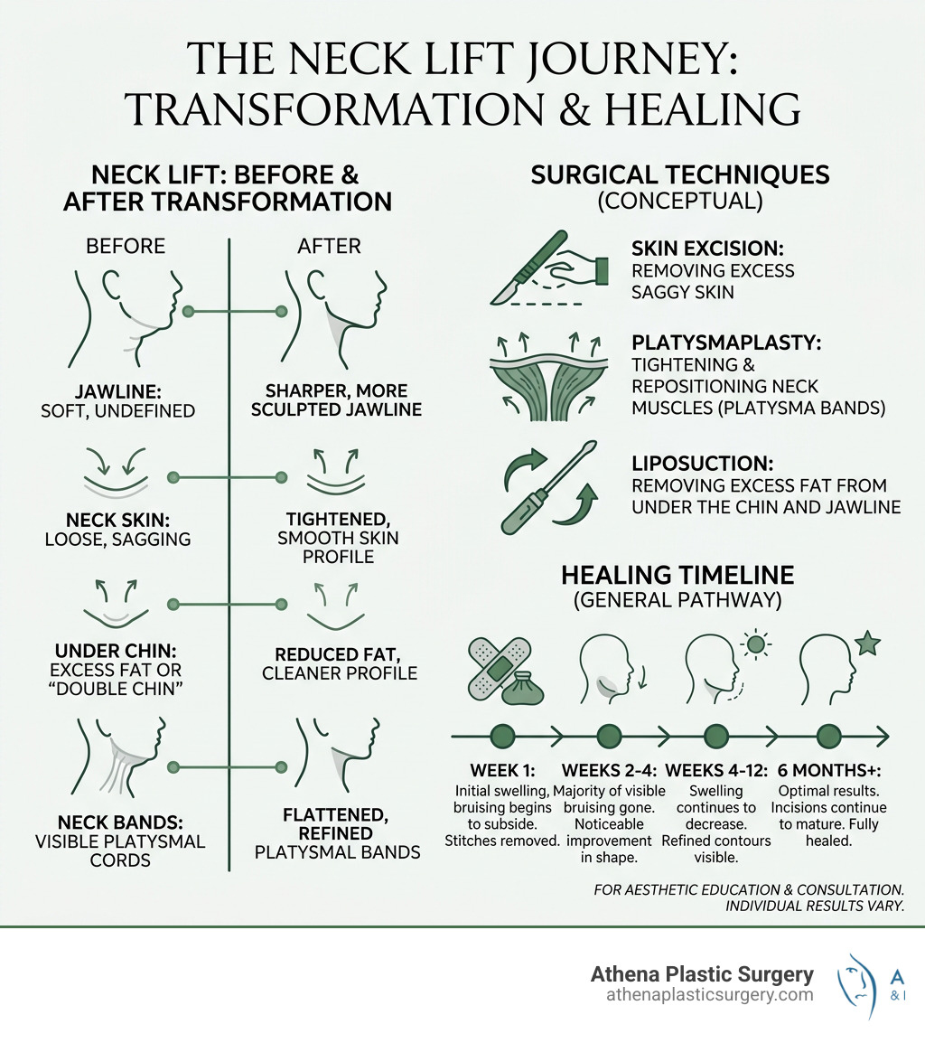 Infographic showing neck lift before after transformation stages, techniques, and healing timeline - Neck lift before after Infographic showing neck lift before after transformation stages, techniques, and healing timeline - Neck lift before after
