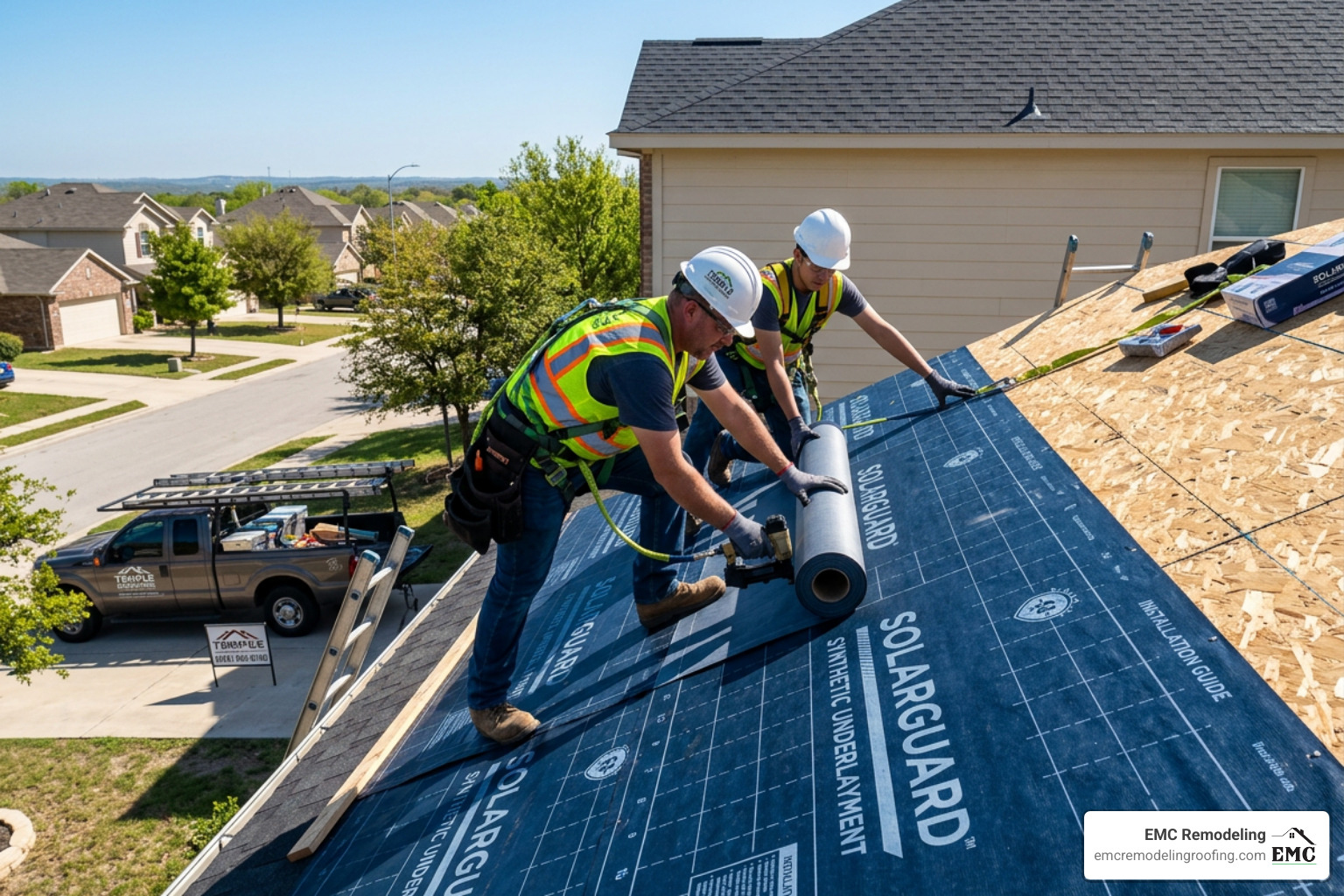 Professional roofers installing high-quality synthetic underlayment on a residential home in Temple TX - cost of refelting a