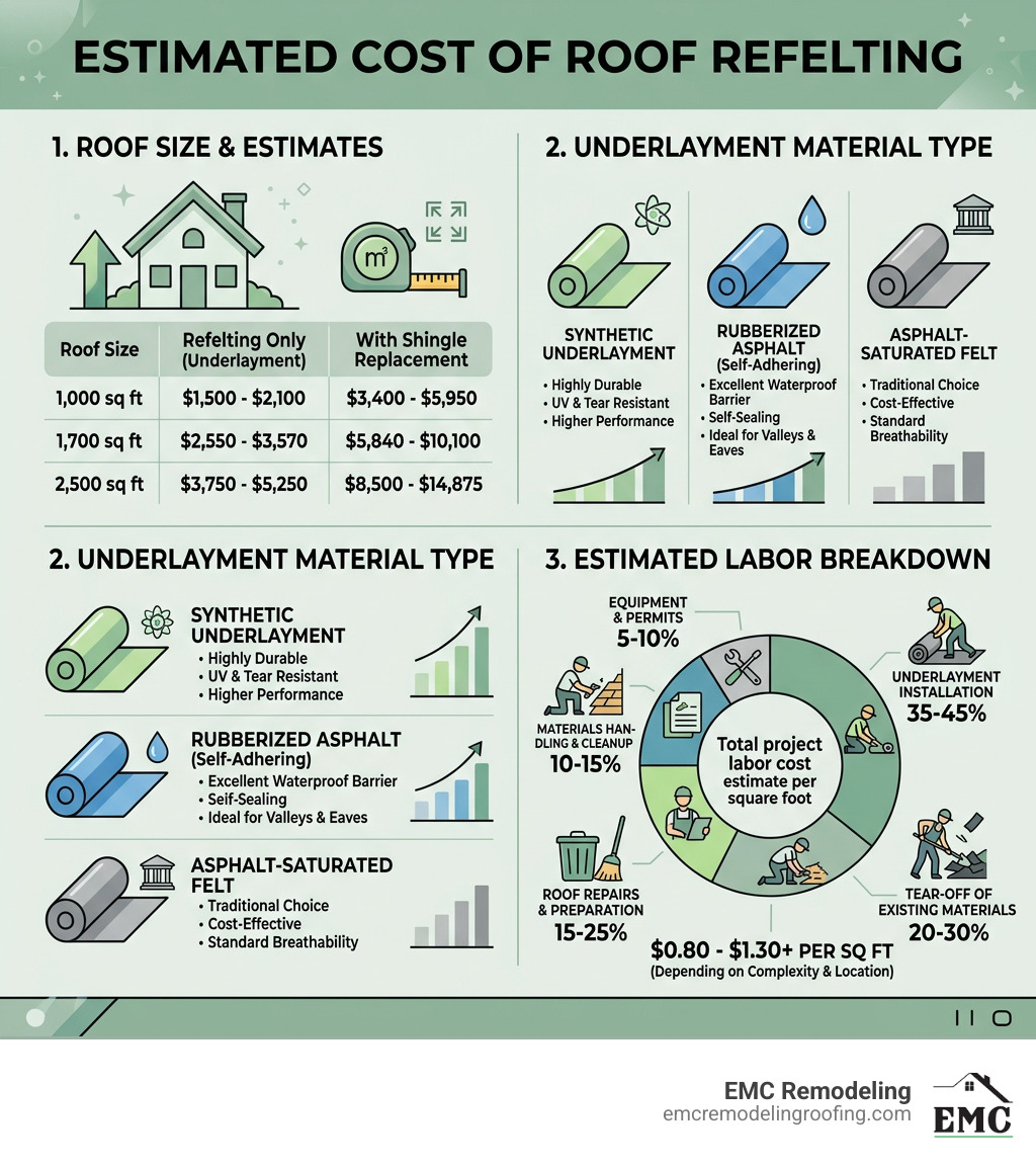 Infographic showing cost of refelting a roof by size, material type, and labor breakdown - cost of refelting a roof