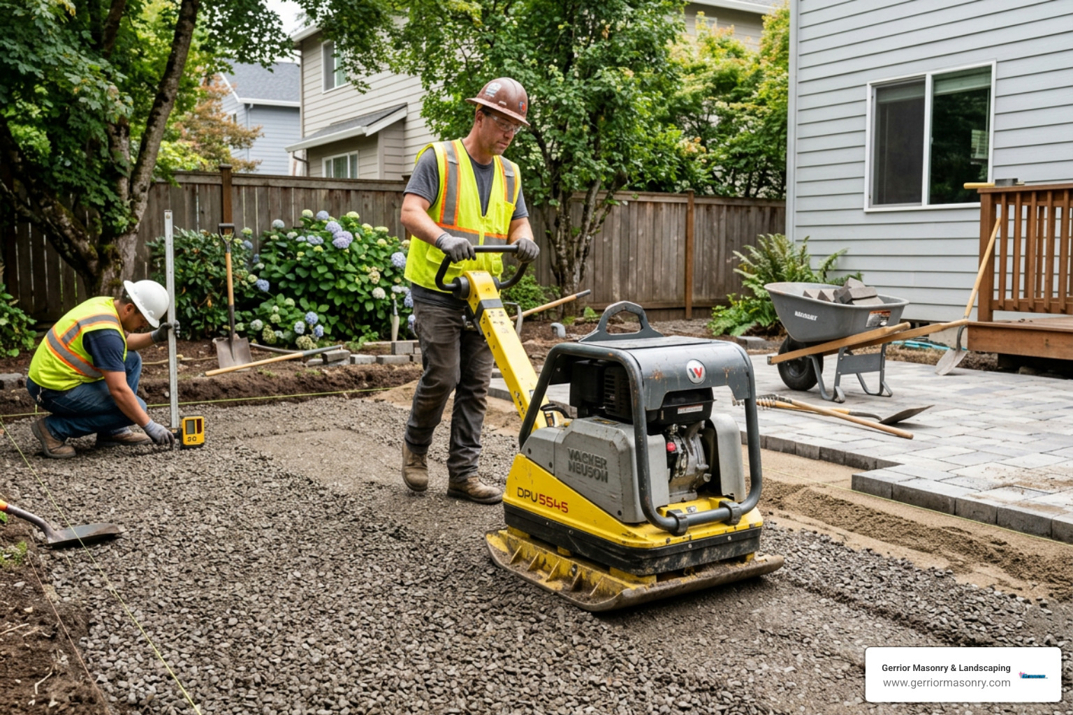A heavy-duty plate compactor being used to stabilize a gravel base layer - installing paver patio