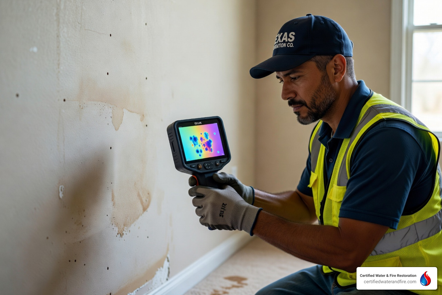 technician using an infrared camera to detect hidden moisture in a wet wall - restoration estimate process