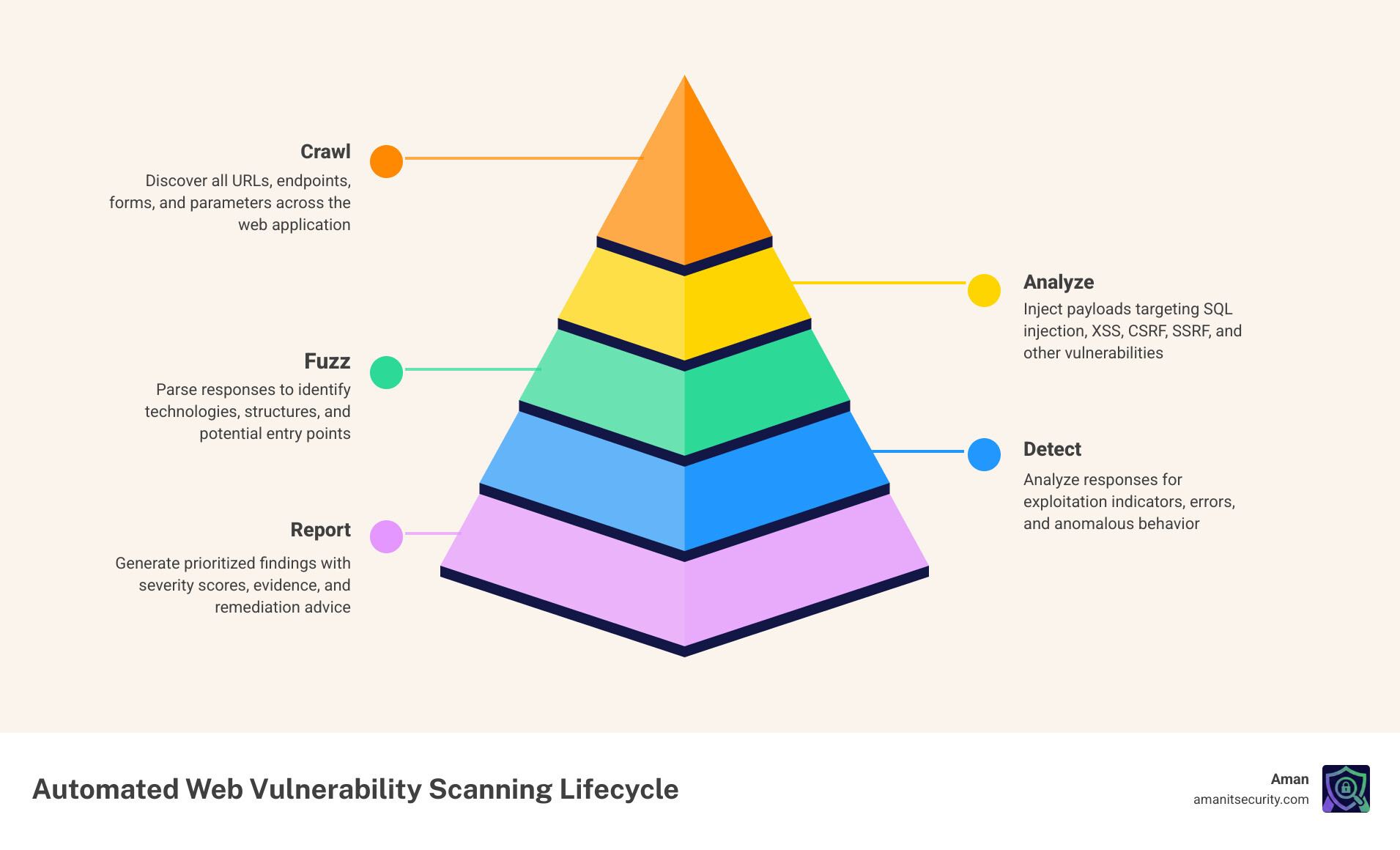 Automated web vulnerability scanning lifecycle infographic showing crawl, fuzz, detect, and report stages - web Automated web vulnerability scanning lifecycle infographic showing crawl, fuzz, detect, and report stages - web
