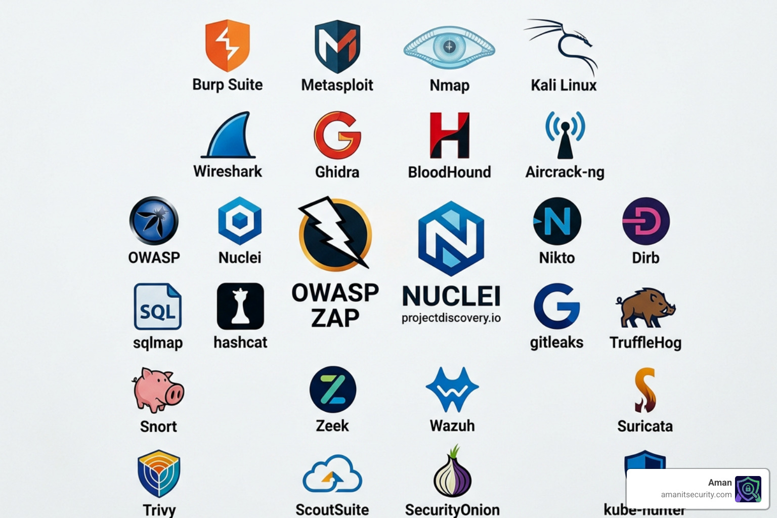 A collection of modern open-source security tool icons including ZAP and Nuclei - web vulnerability scanner free A collection of modern open-source security tool icons including ZAP and Nuclei - web vulnerability scanner free