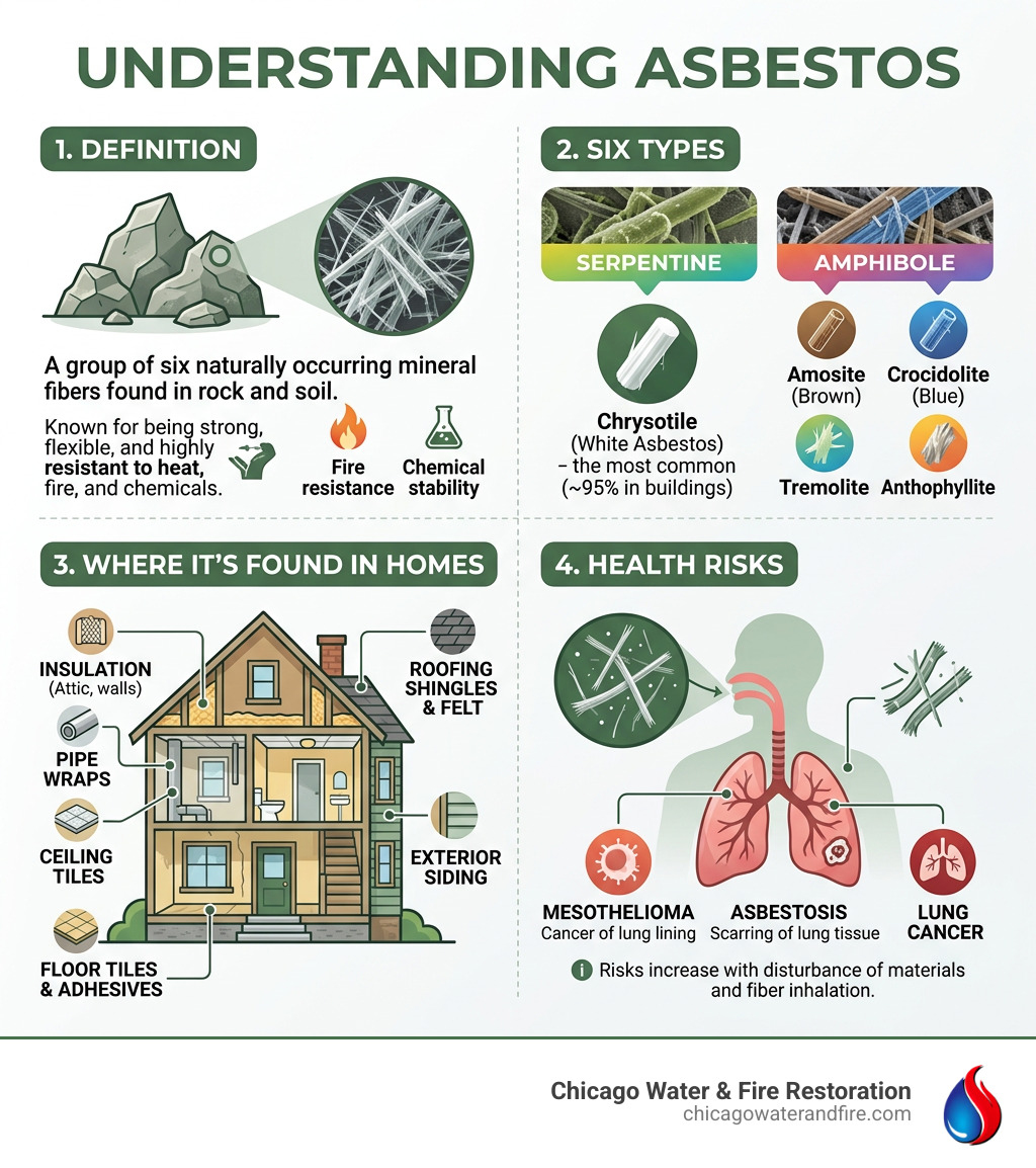 infographic showing asbestos definition, six types, health risks, and where it's found in homes - what is asbestos