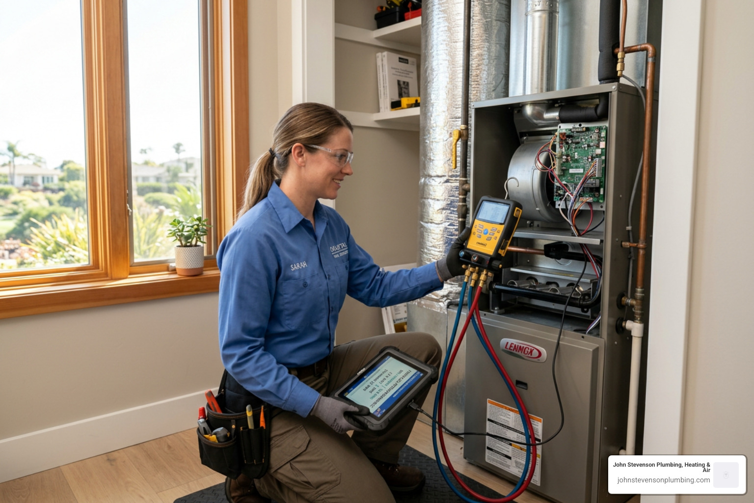 Technician using digital diagnostic tools to check furnace performance in a Carlsbad home - furnace maintenance in carlsbad