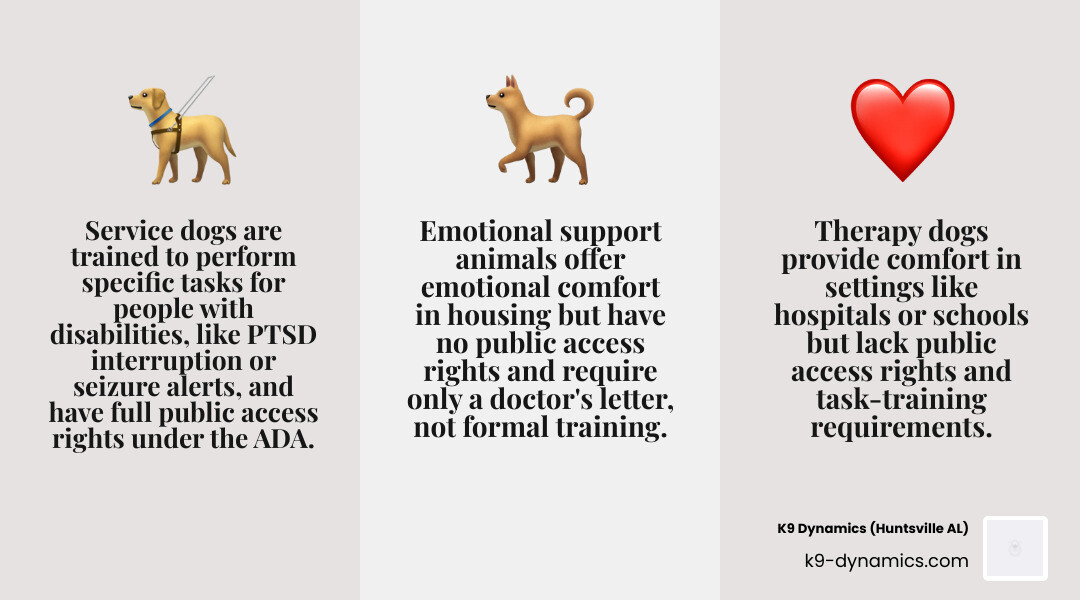 Infographic comparing service dogs, therapy dogs, and emotional support animals: tasks, legal rights, and public access