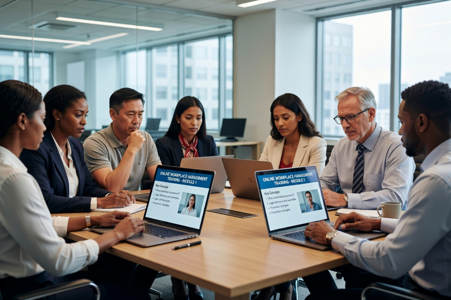 Hr Manager Reviewing Training Analytics On A Dashboard - Workplace Harassment Online Course Hr manager reviewing training analytics on a dashboard - workplace harassment online course