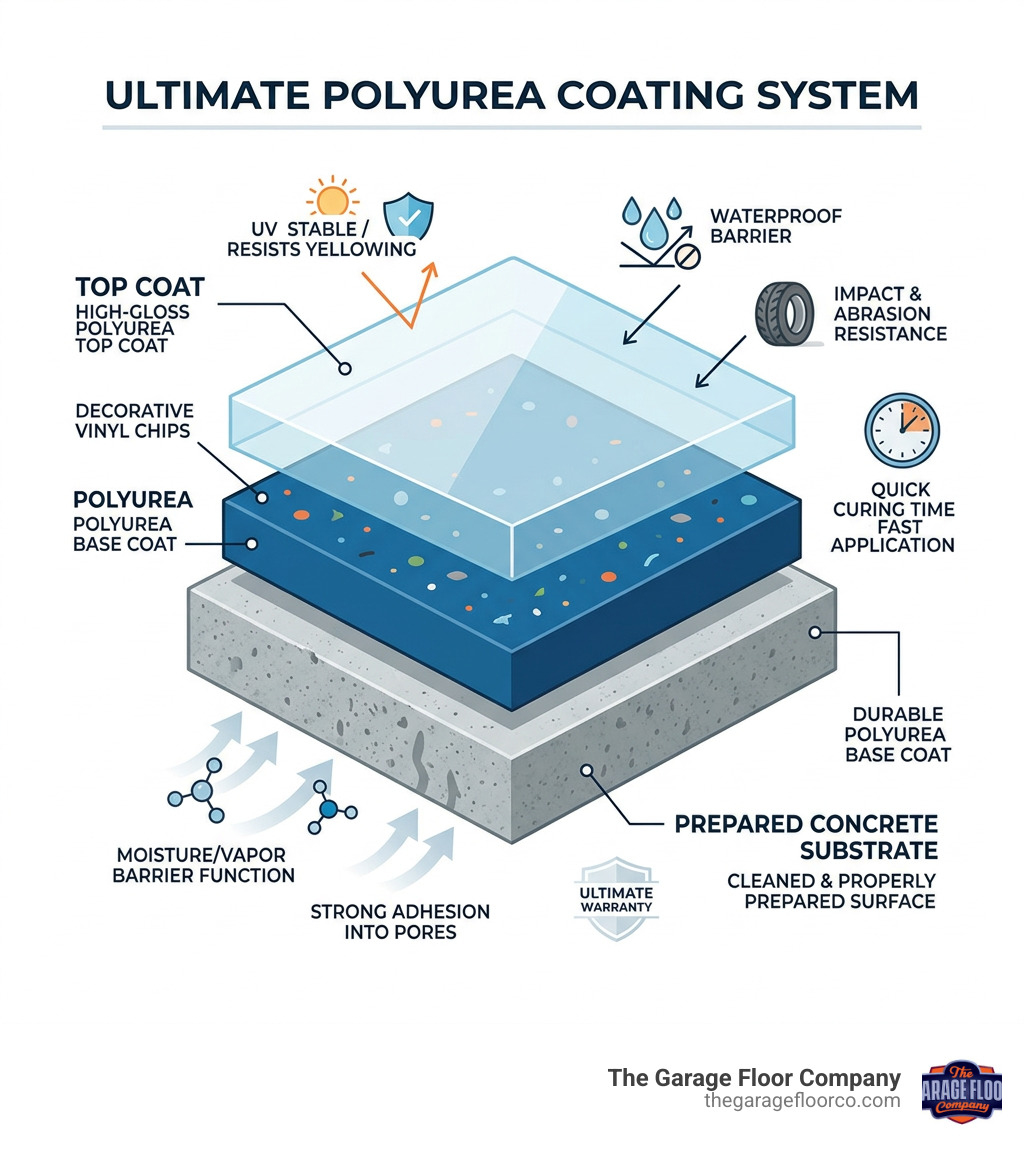 Diagram showing multi-layer polyurea coating system on concrete - polyurea coating for concrete infographic Diagram showing multi-layer polyurea coating system on concrete - polyurea coating for concrete infographic