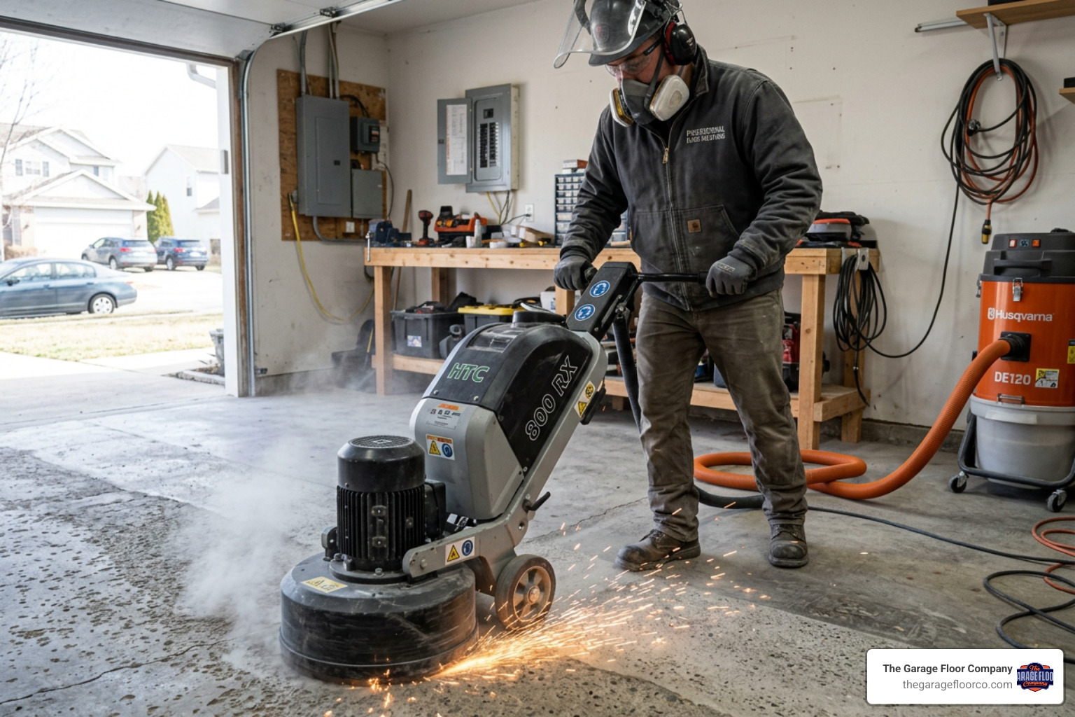 Professional installer using a diamond grinder on a concrete floor - polyurea coating for concrete Professional installer using a diamond grinder on a concrete floor - polyurea coating for concrete
