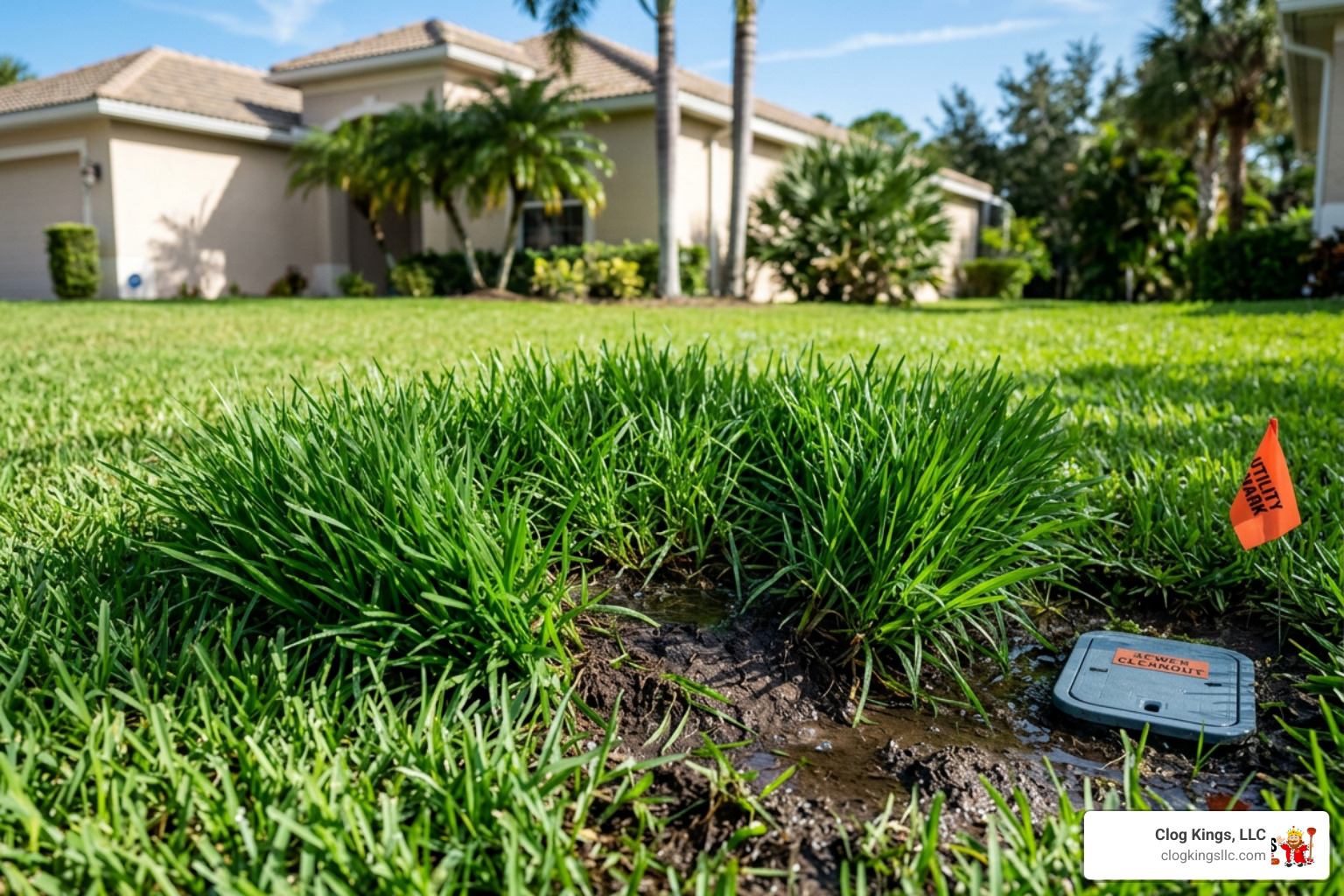Lush unusually green grass over a leaking sewer line in a Florida yard - sewer repair Lush unusually green grass over a leaking sewer line in a Florida yard - sewer repair
