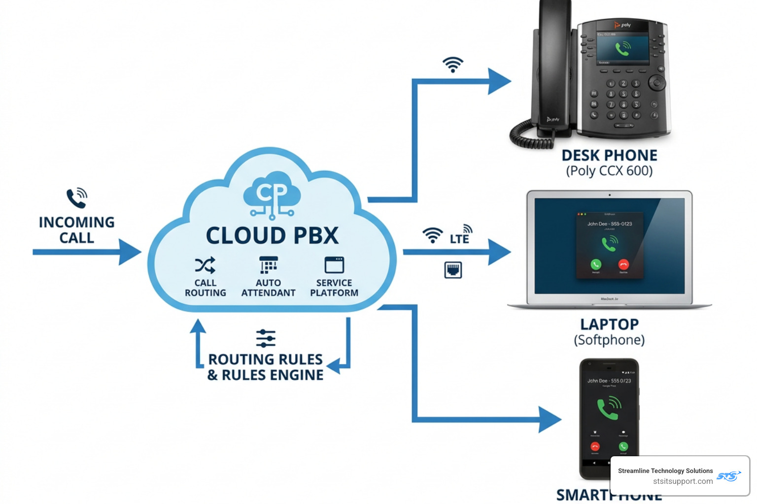 Diagram of cloud-based call flow showing an incoming call hitting a cloud PBX and routing to multiple devices - ip pbx Diagram of cloud-based call flow showing an incoming call hitting a cloud PBX and routing to multiple devices - ip pbx