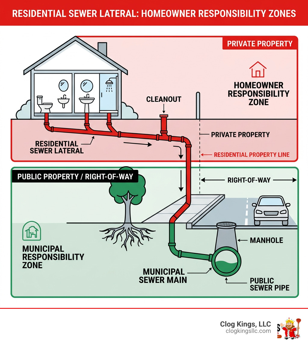 Infographic showing residential sewer lateral layout vs municipal sewer main with homeowner responsibility zones - sewer Infographic showing residential sewer lateral layout vs municipal sewer main with homeowner responsibility zones - sewer