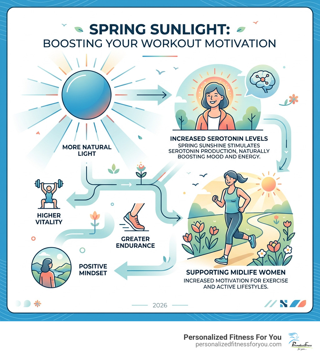 Infographic showing how spring sunlight boosts serotonin and supports workout motivation in midlife women - spring workout Infographic showing how spring sunlight boosts serotonin and supports workout motivation in midlife women - spring workout
