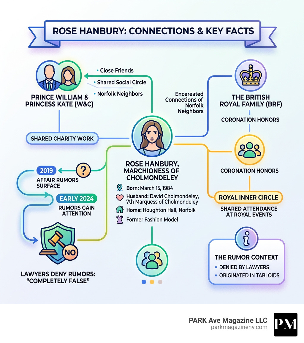 Infographic showing Rose Hanbury's connections to the British Royal Family and key life facts - rose hanbury infographic 