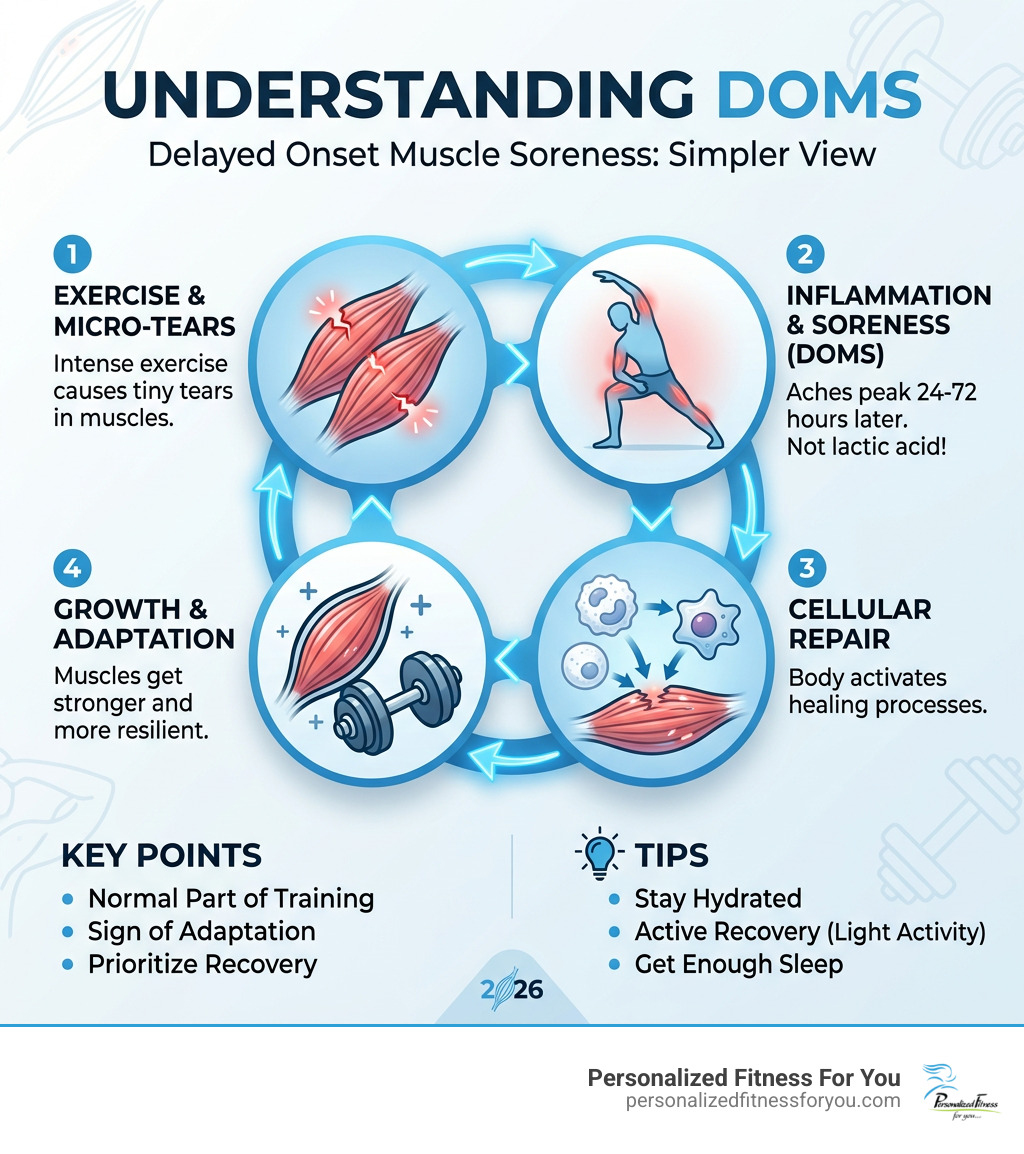 Infographic showing the DOMS muscle repair and growth cycle from micro-tear to recovery - DOMS infographic Infographic showing the DOMS muscle repair and growth cycle from micro-tear to recovery - DOMS infographic